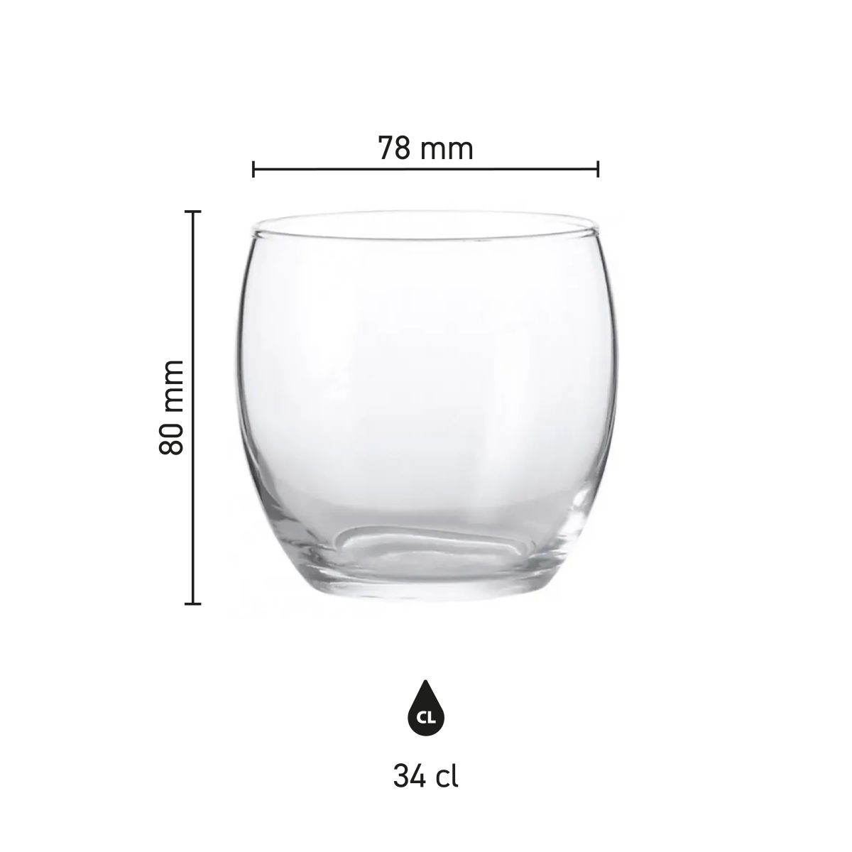 Infographic showing dimensions of the Cosy Moments tumbler glass 34 cl. including height and diameter.