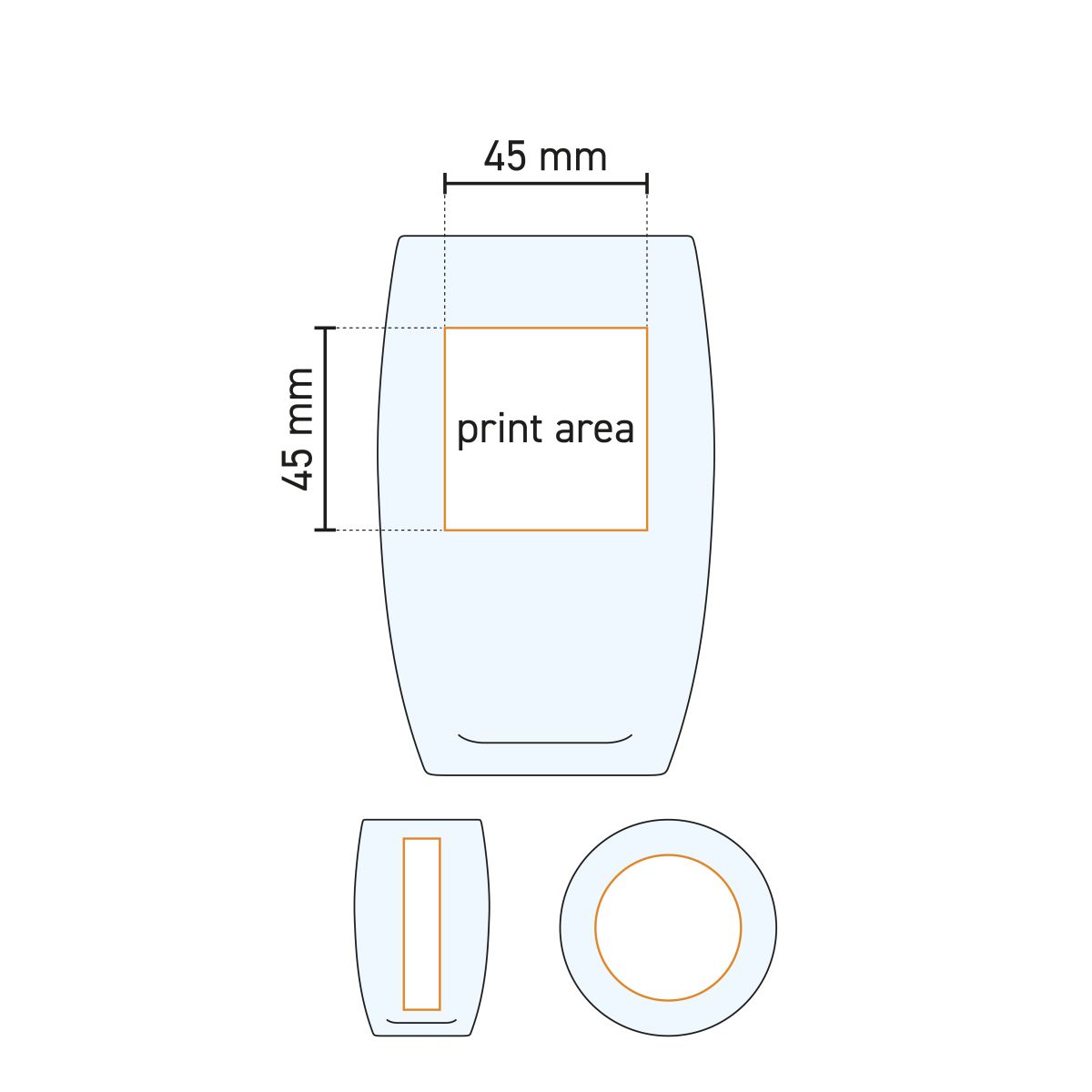 Technical working drawing of the printing area on the Cosy Moments tumbler high 36 cl.