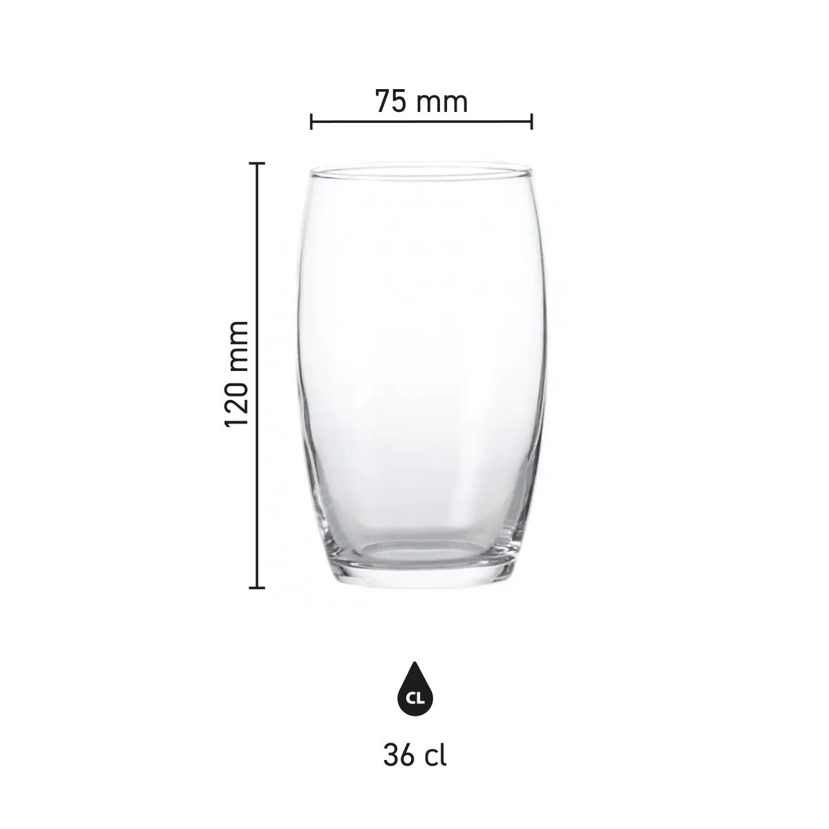Infographic showing measurements of the Cosy Moments tumbler high 36 cl. including height and diameter.