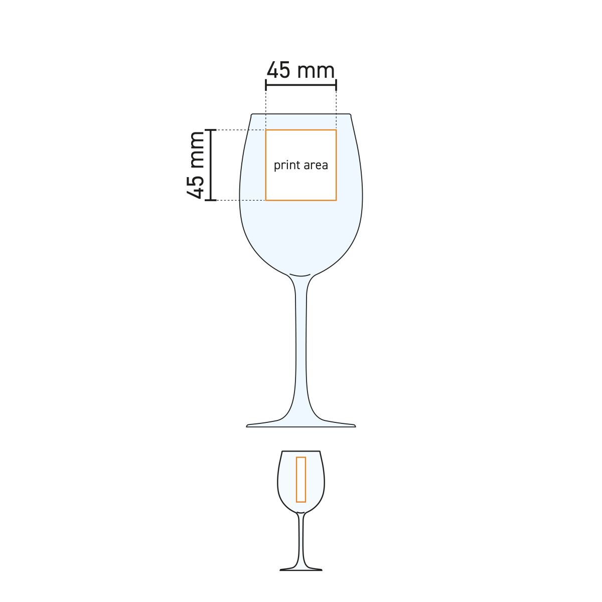 Technical working drawing of the printing area on the Cosy Moments wine glass 35 cl. with logo positioning.