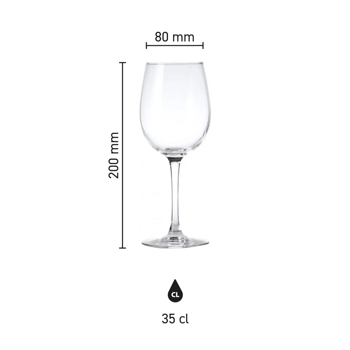 Infographic showing dimensions of the Cosy Moments wine glass 35 cl, including height and content.