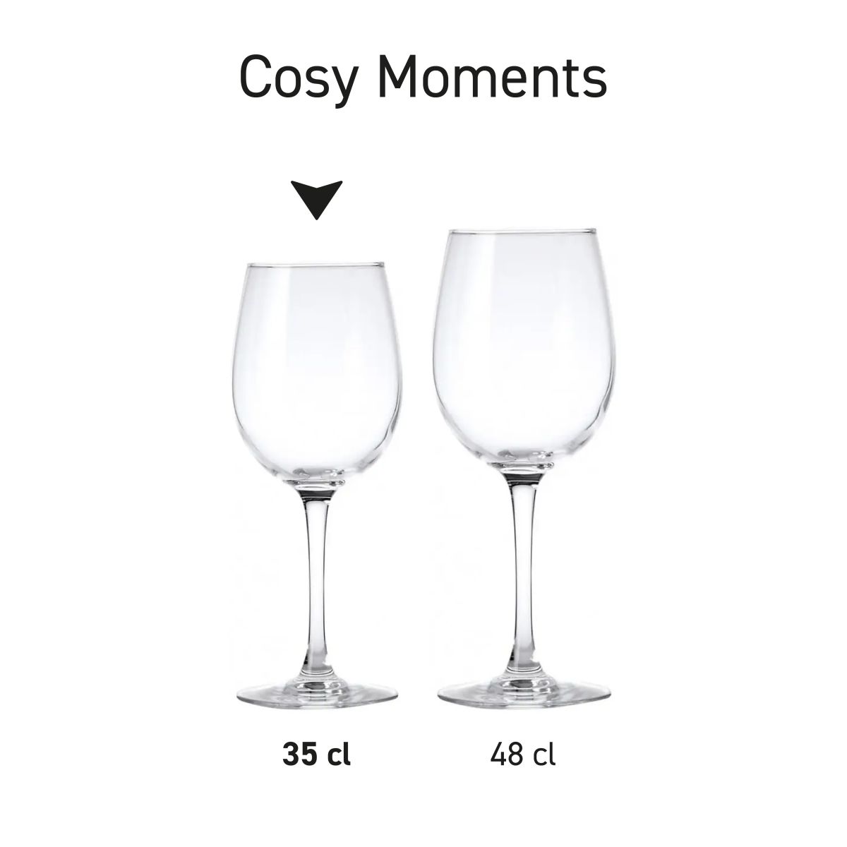 Cosy Moments glass series with several Cosy Moments wine glasses presented side by side in series with different contents.