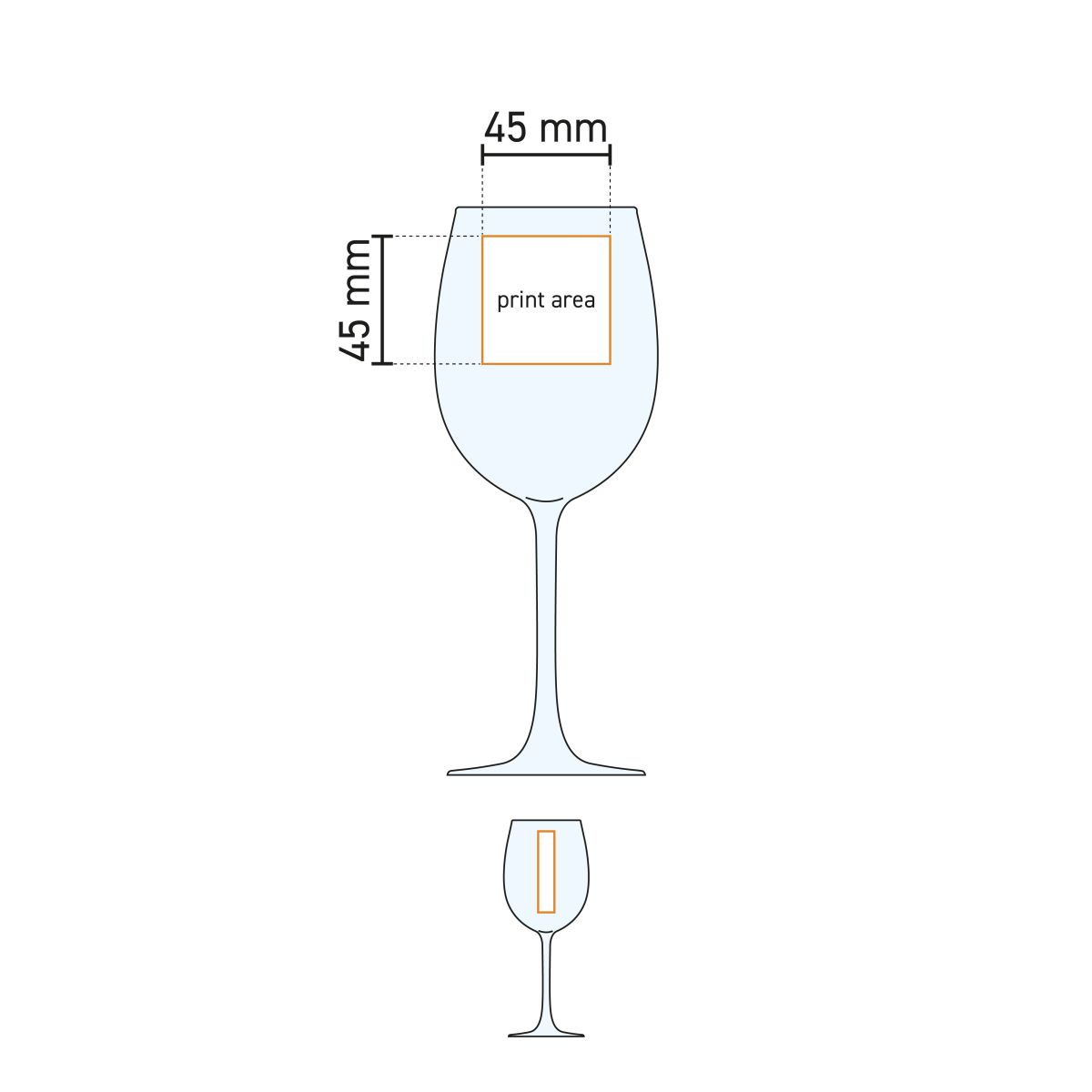 Technical working drawing with printing area on the Cosy Moments wine glass 48 cl. for logo placement.