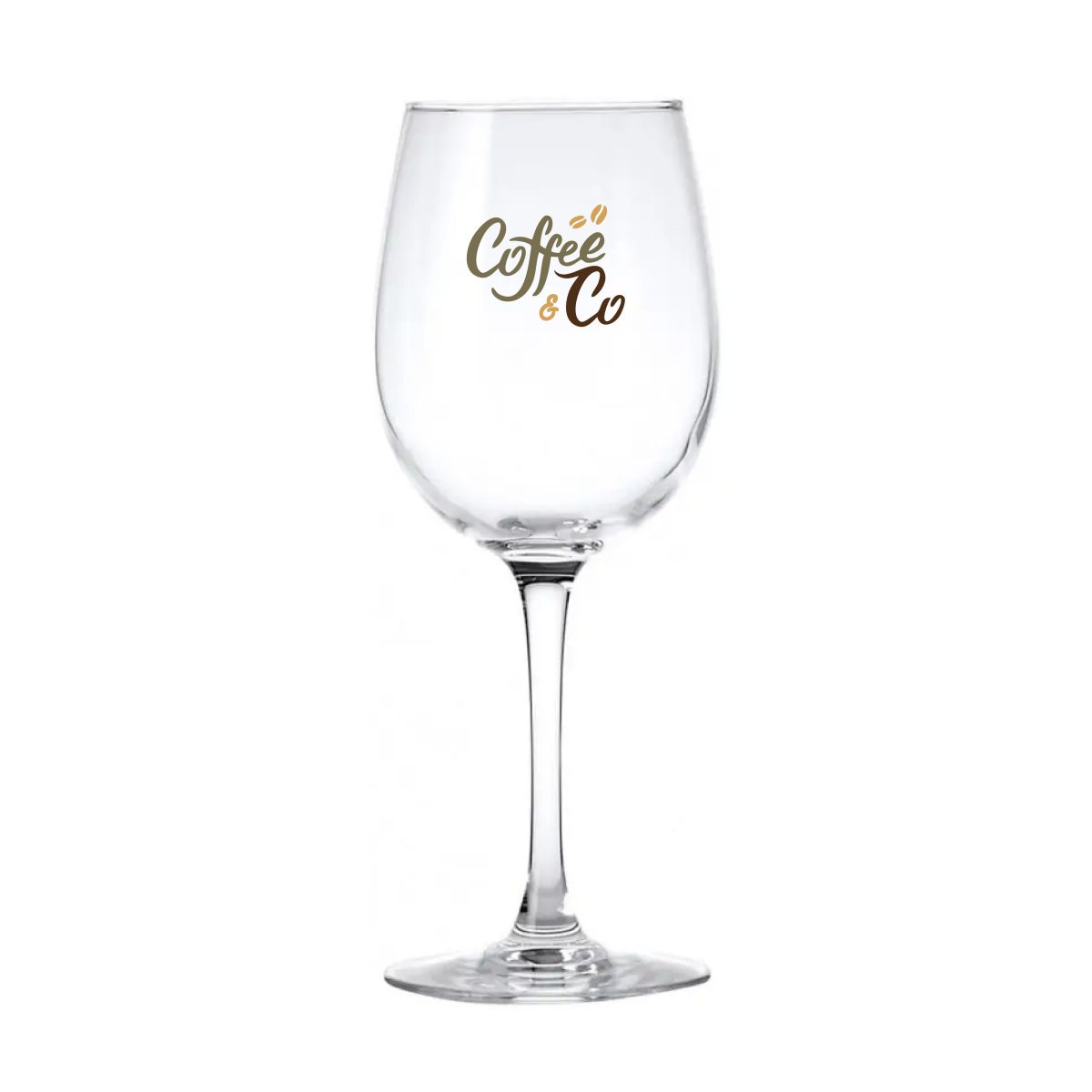 Cosy Moments wine glass 48 cl. with multicoloured CoffeeCo logo printed on the upper part of the chalice.