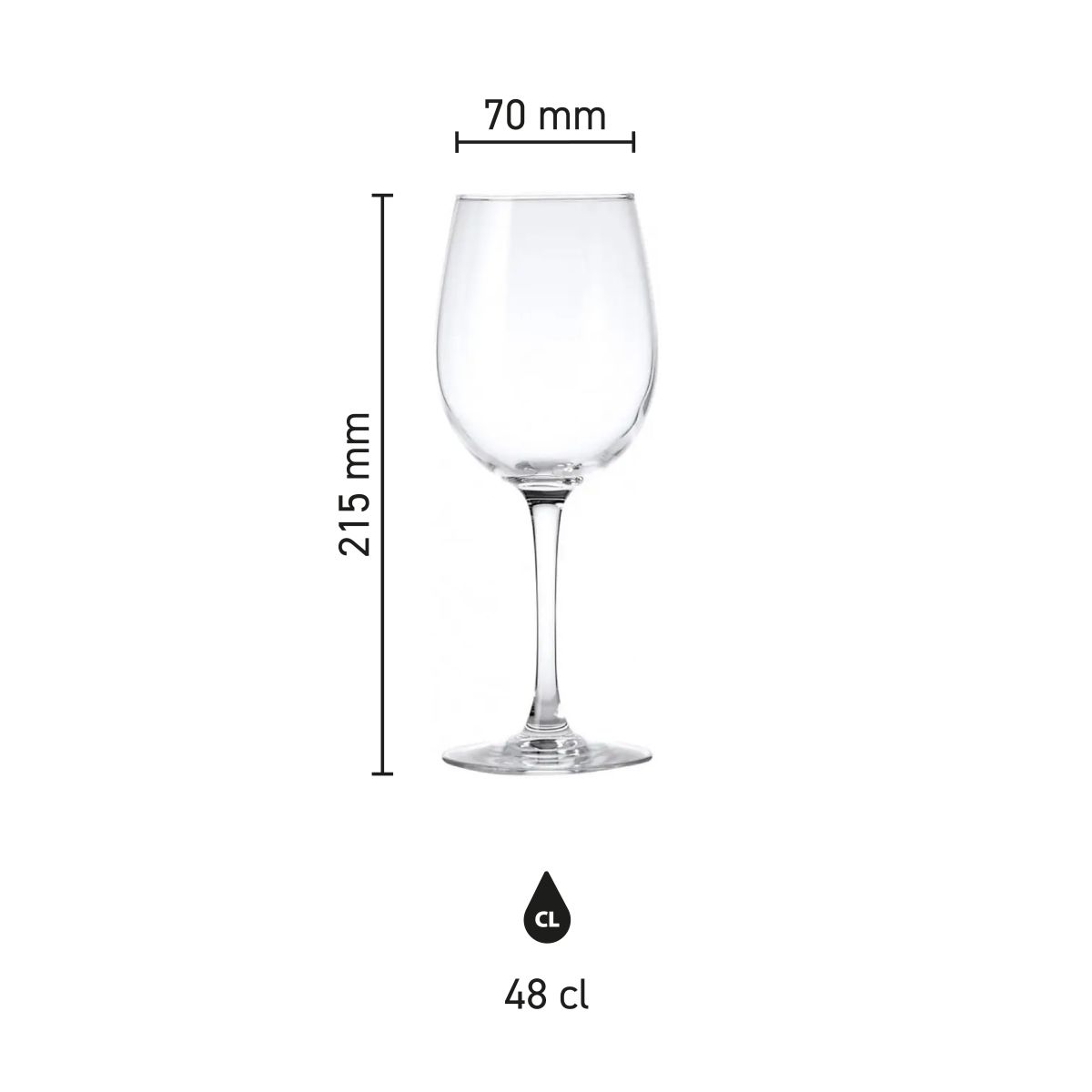 Infographic showing dimensions of the Cosy Moments wine glass 48 cl. including chalice height and contents.