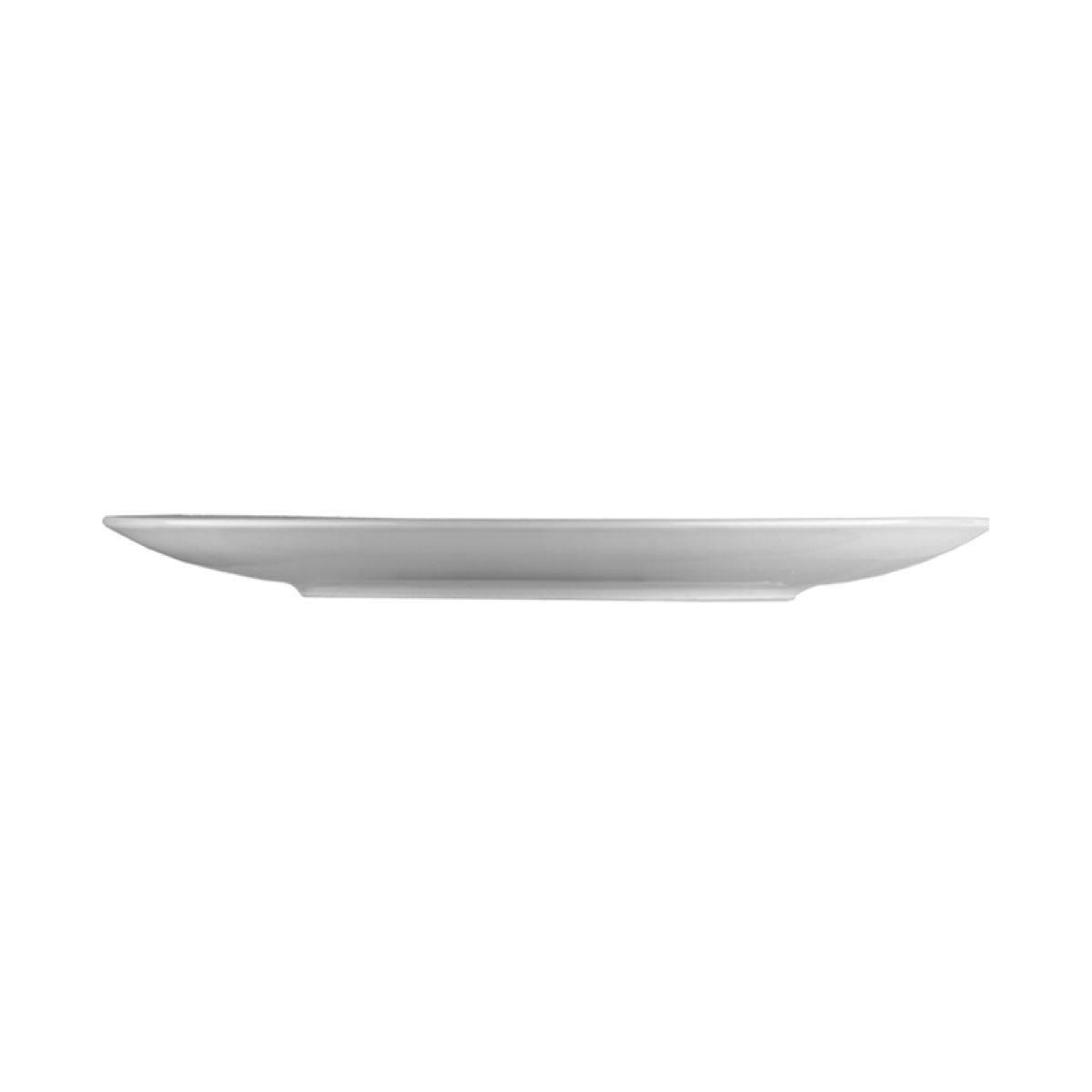 Side view of the 24 cm Isabelle porcelain coupe plate with subtle curve and low raised rim.