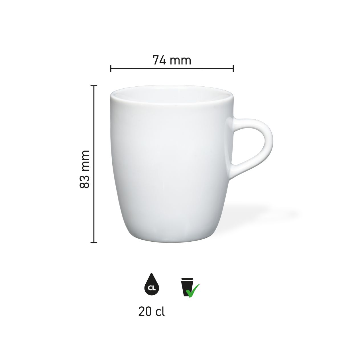 Infographic shows technical dimensions of Cynthia mug white 20 cl porcelain in millimetres.