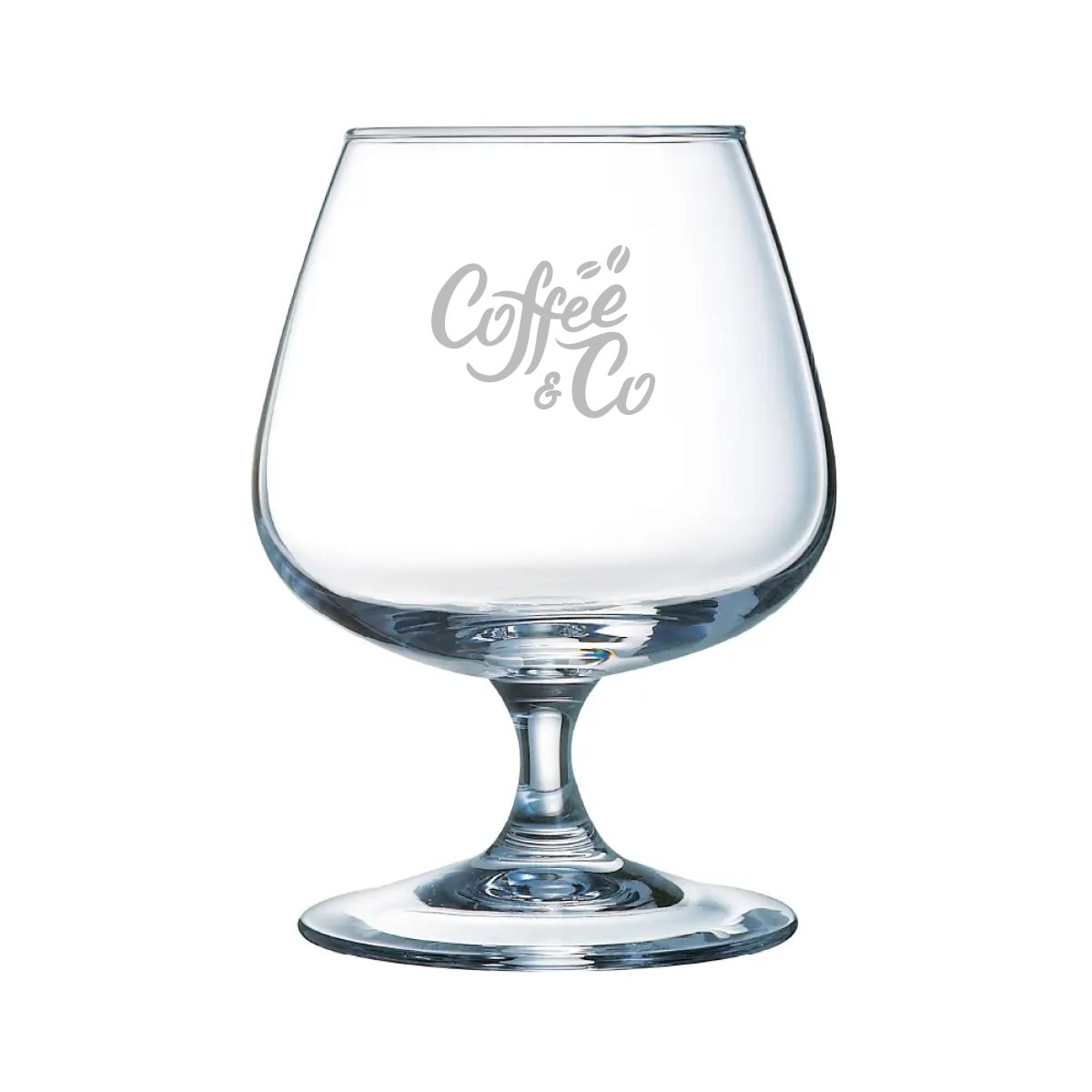 Degustation glass liqueur 41 cl. front view with engraved logo CoffeeCo.