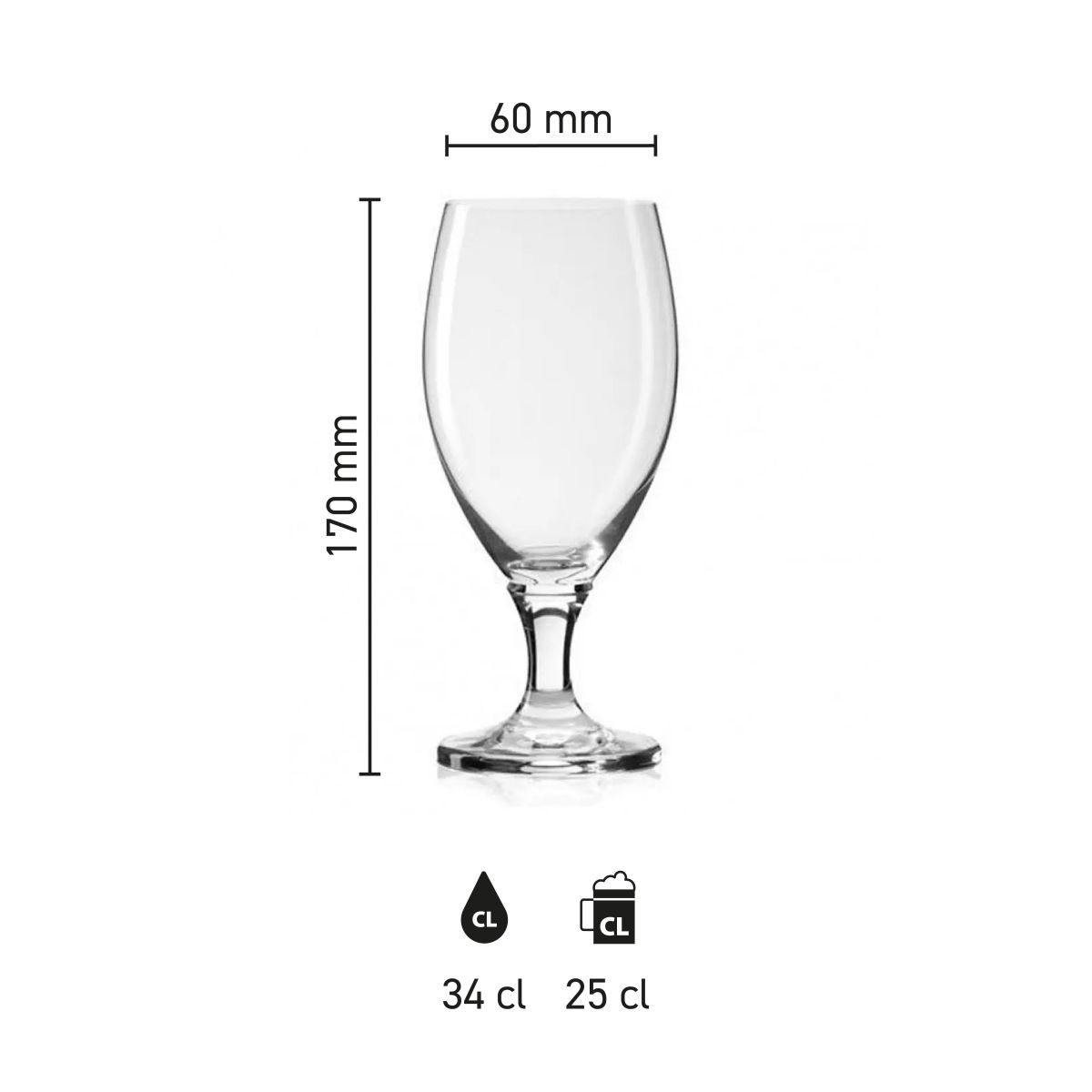 Dimensions of the Deister Pokal 25 cl tap size glass with height, diameter and capacity in infographic