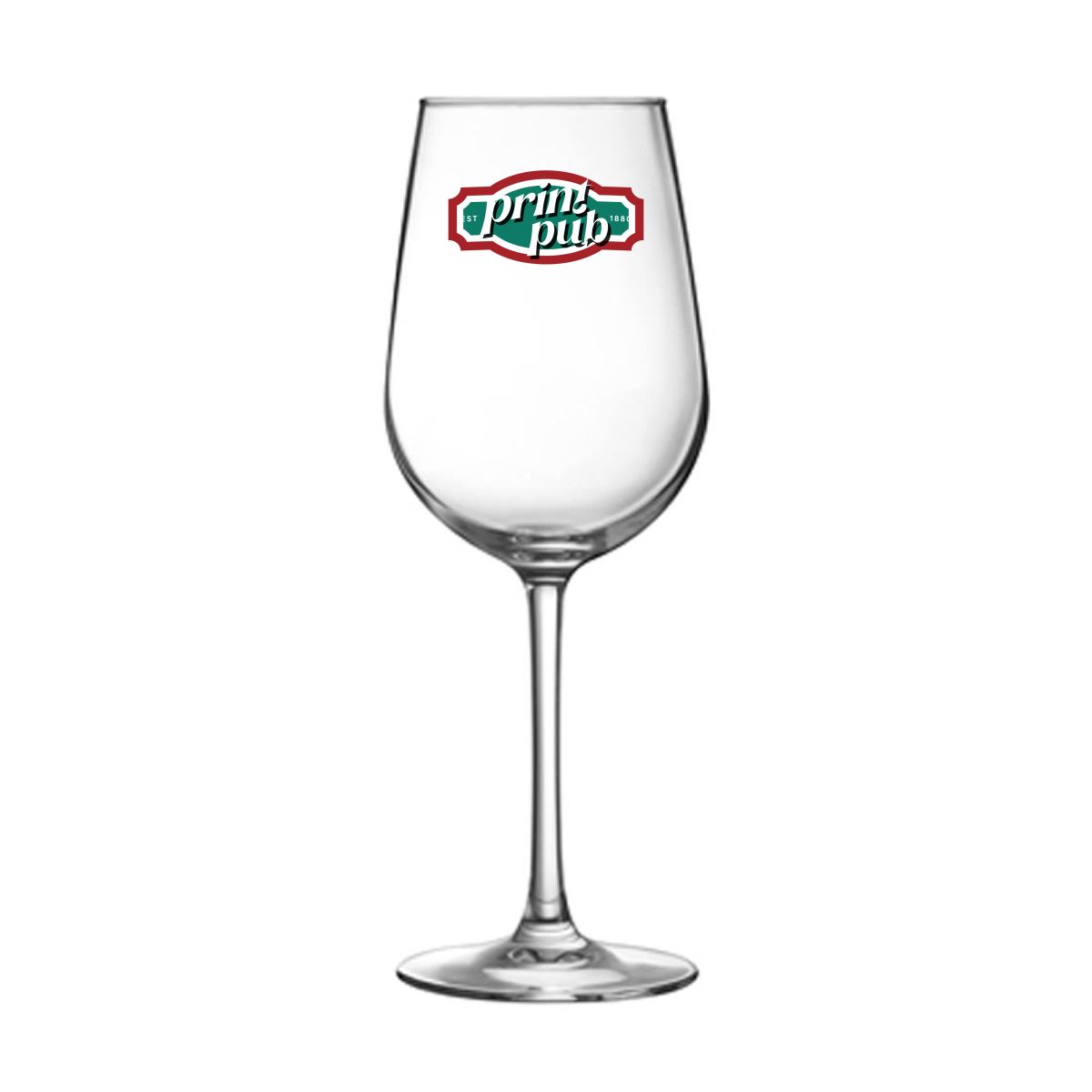 Voorzijde van Domaine wijnglas 37 cl. glas bedrukt met PrintPub logo in meerdere kleuren.