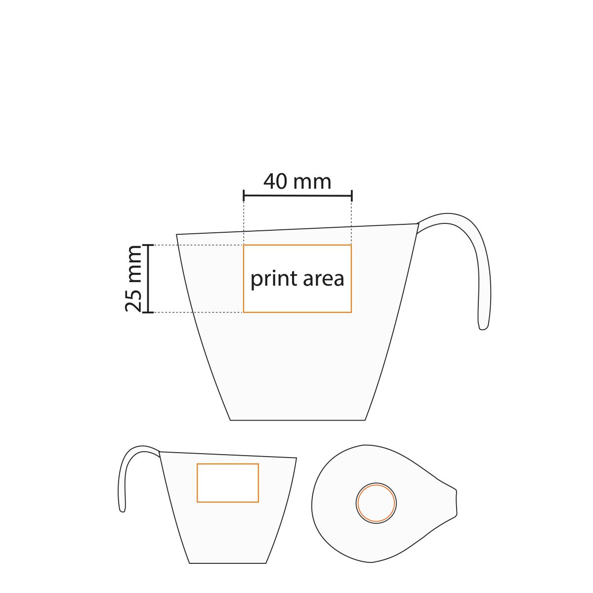 Technical working drawing of Dream cup and saucer 15 cl porcelain with indication of printing surface.
