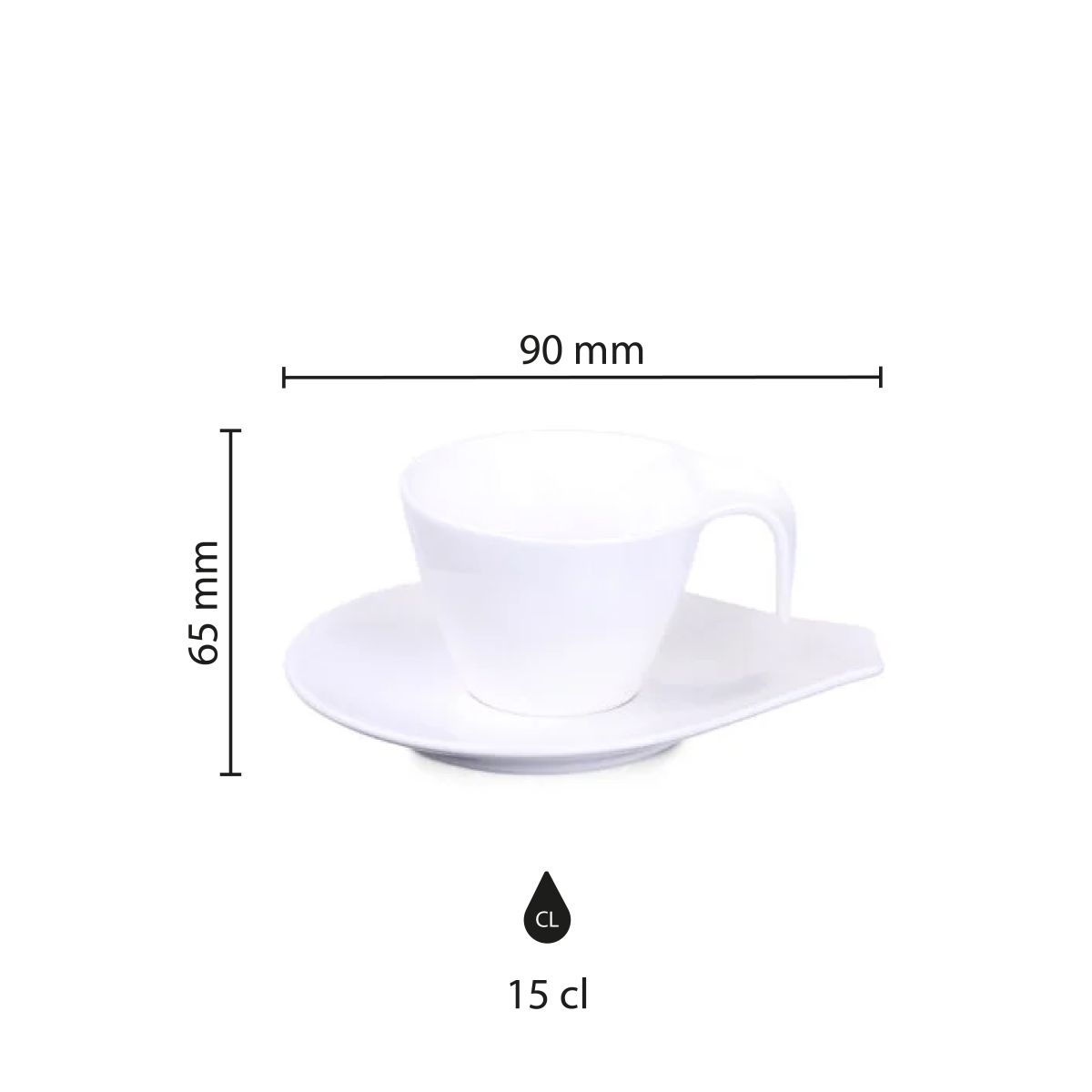 Infographic shows product dimensions of Dream cup and saucer 15 cl in porcelain, with diameter and height.