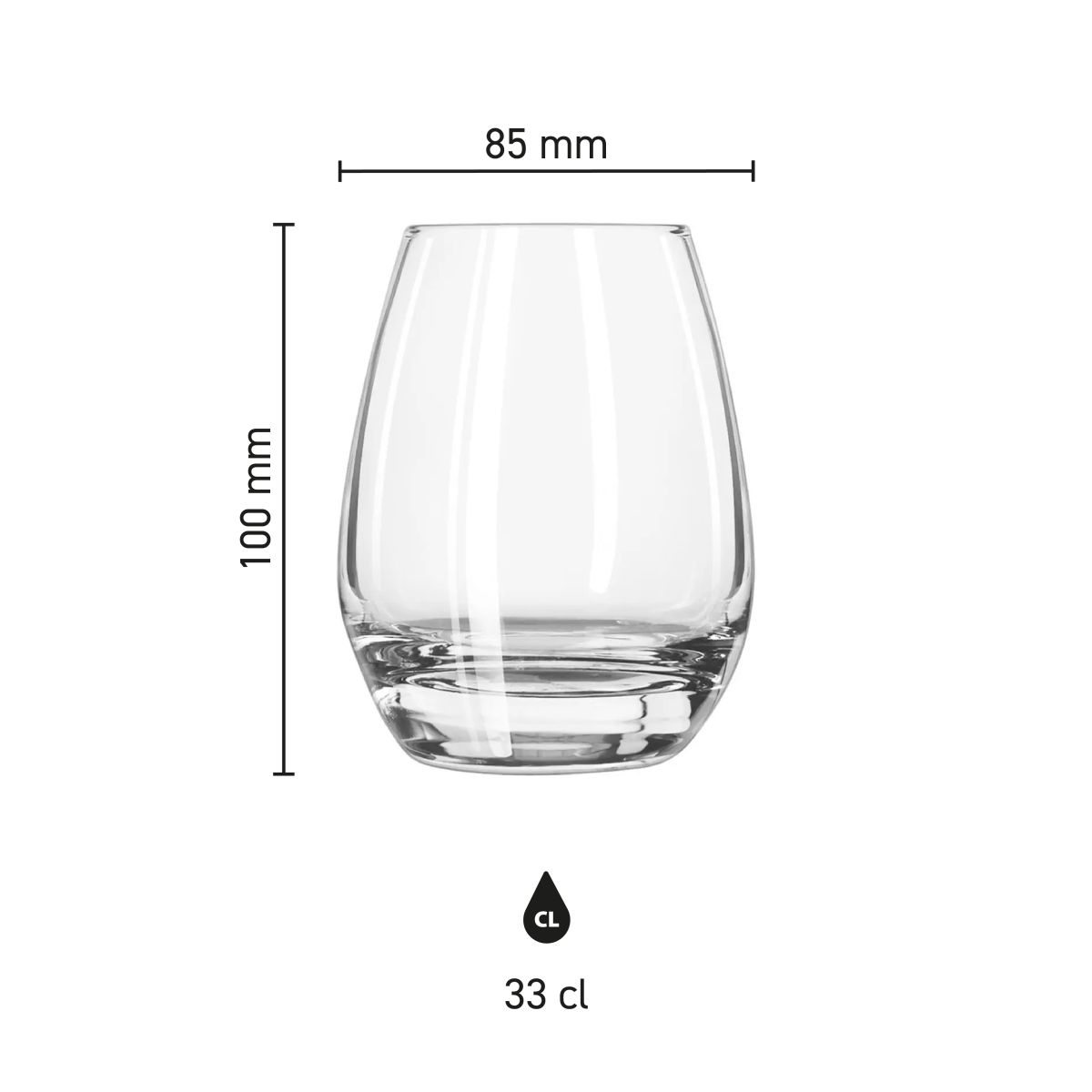 Infographic met productafmetingen van Esprit Tumbler 33 cl. glas, toont hoogte, diameter en inhoud.
