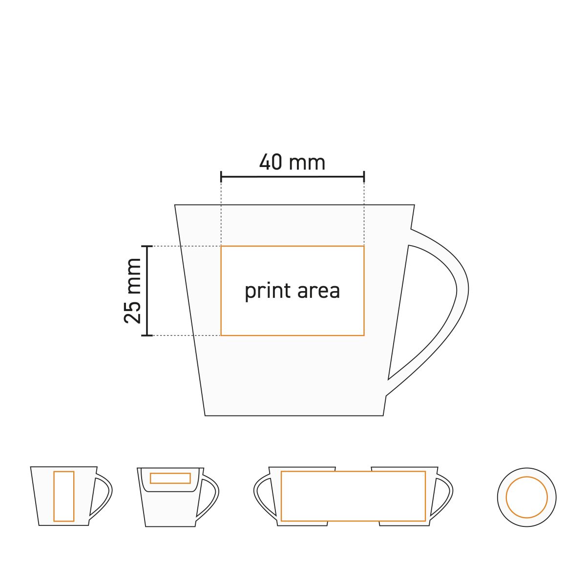 Technical working drawing of Eva espresso cup 10 cl SET porcelain with clearly marked printing area.