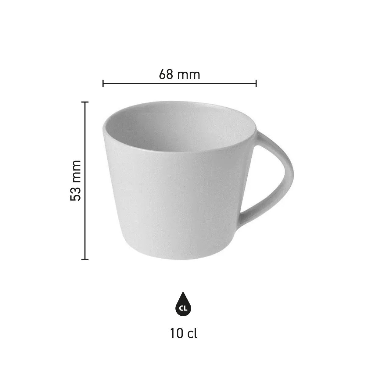 Infographic showing product dimensions of Eva espresso cup 10 cl SET porcelain, including height and diameter.