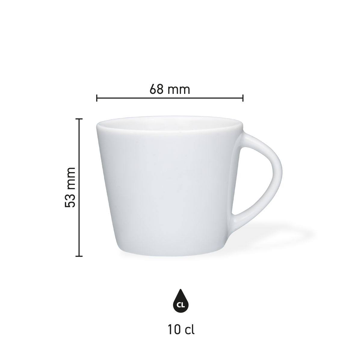 Infographic showing dimensions of the Eva Espresso Cup white 10 cl porcelain, clearly displayed.