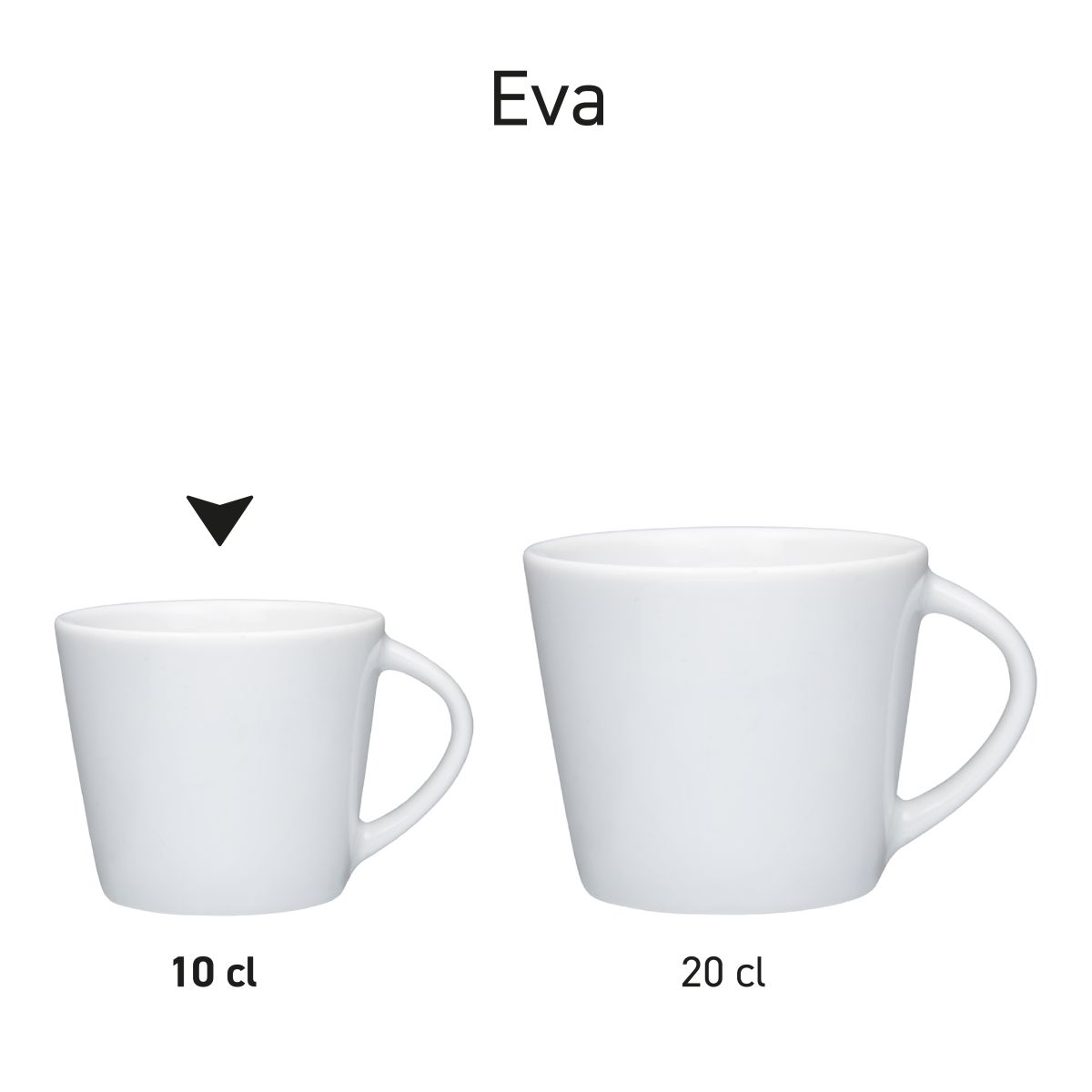 Overview of Eva Espresso Cups white 10 cl. and 20 cl. presented as a series in porcelain.