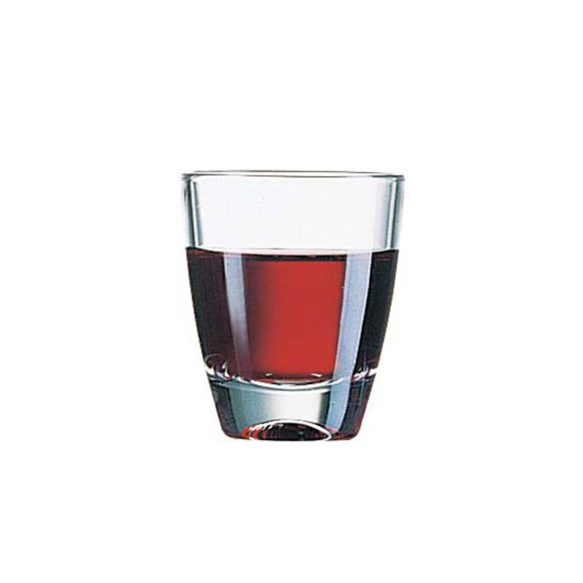 Filled 5cl gin shot glass on white background, with liquid.