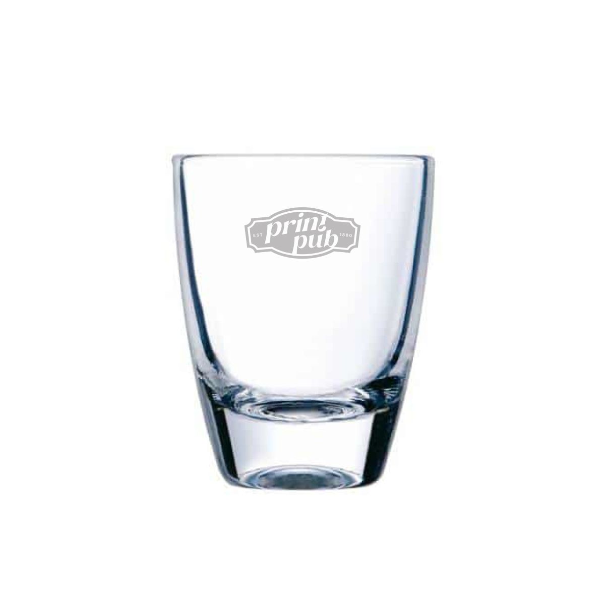 Glass shot glass 5 cl with subtle engraving of PrintPub logo on the front of the glass.