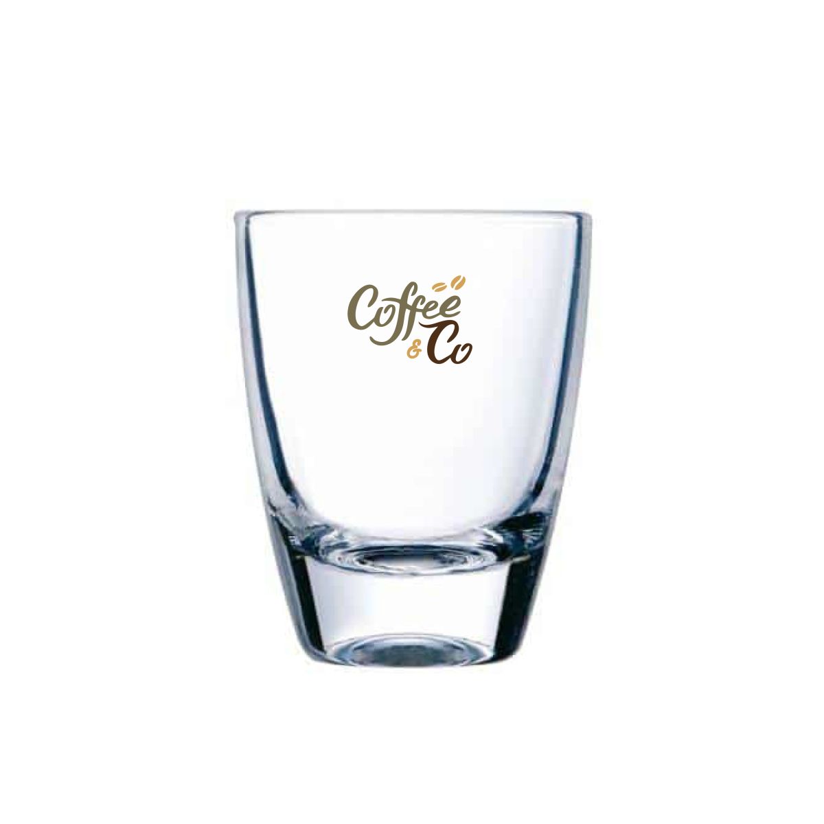 Shot glass 5 cl with multicoloured CoffeeCo logo on the front, printed in 2 to 4 colours.