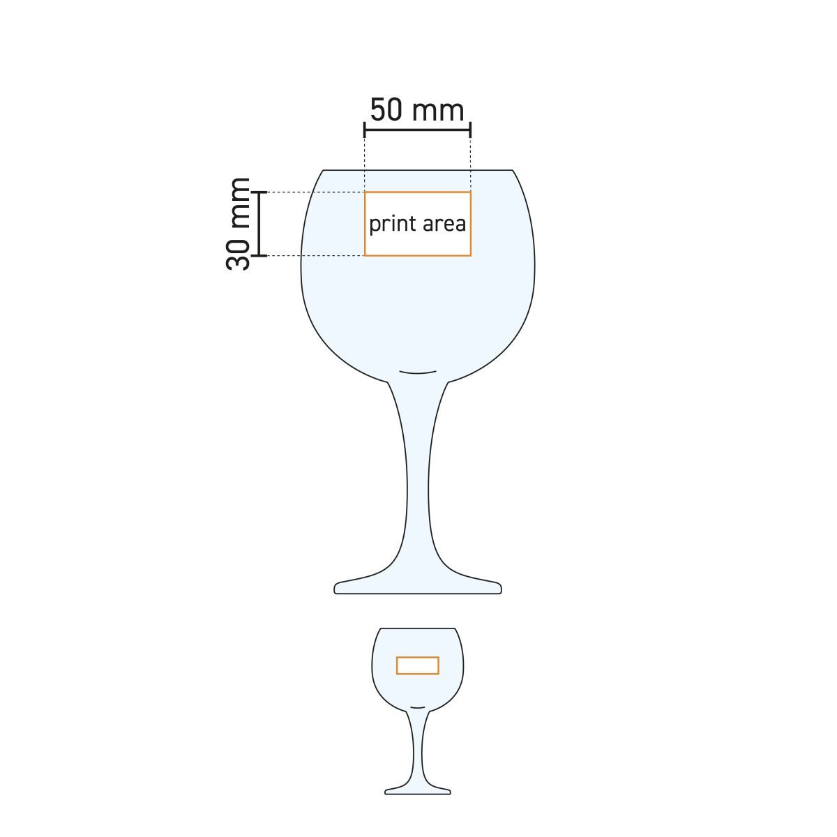 Technical working drawing of Gin Tonic glass Ambassador 56 cl. with indication of printing and engraving area.