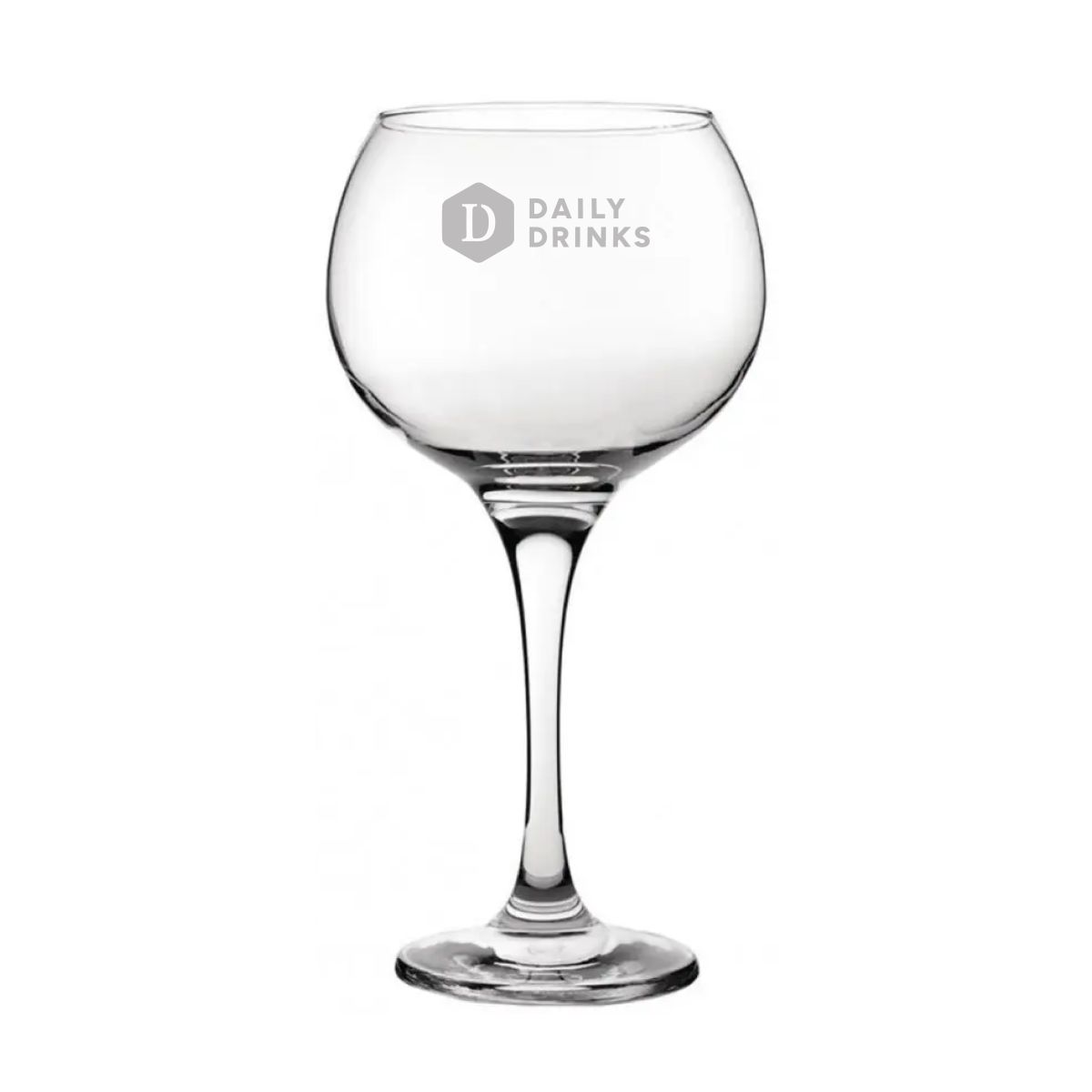 Gin Tonic glass Ambassador 56 cl. with engraved DailyDrinks logo on front, visible in gloss of glass.