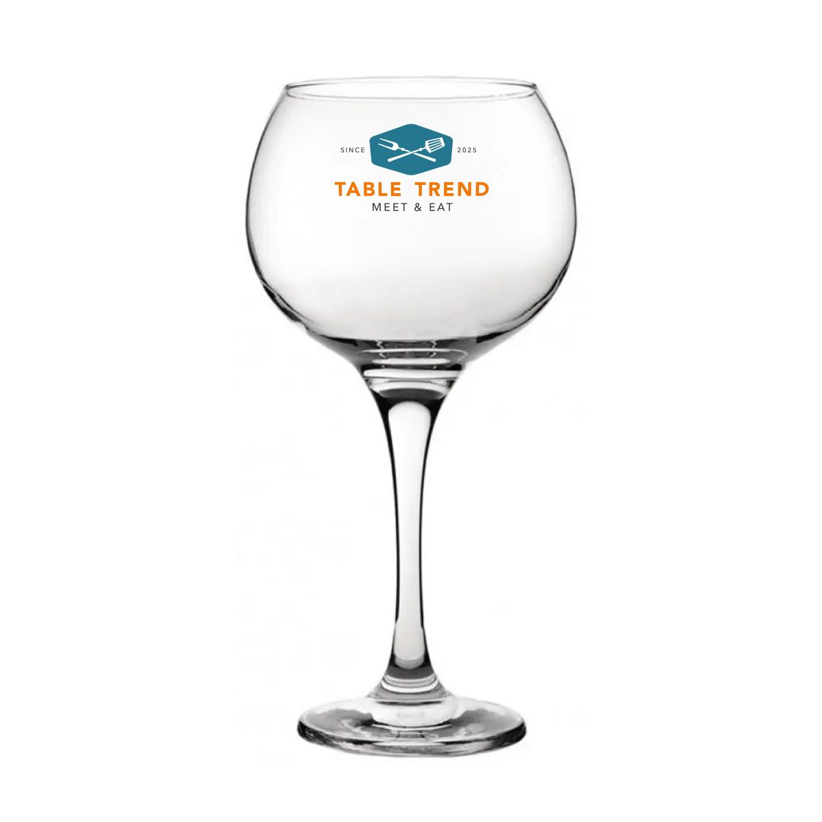 Front view of Gin Tonic glass Ambassador 56 cl. with multi-coloured TableTrend logo placed centrally on the glass.