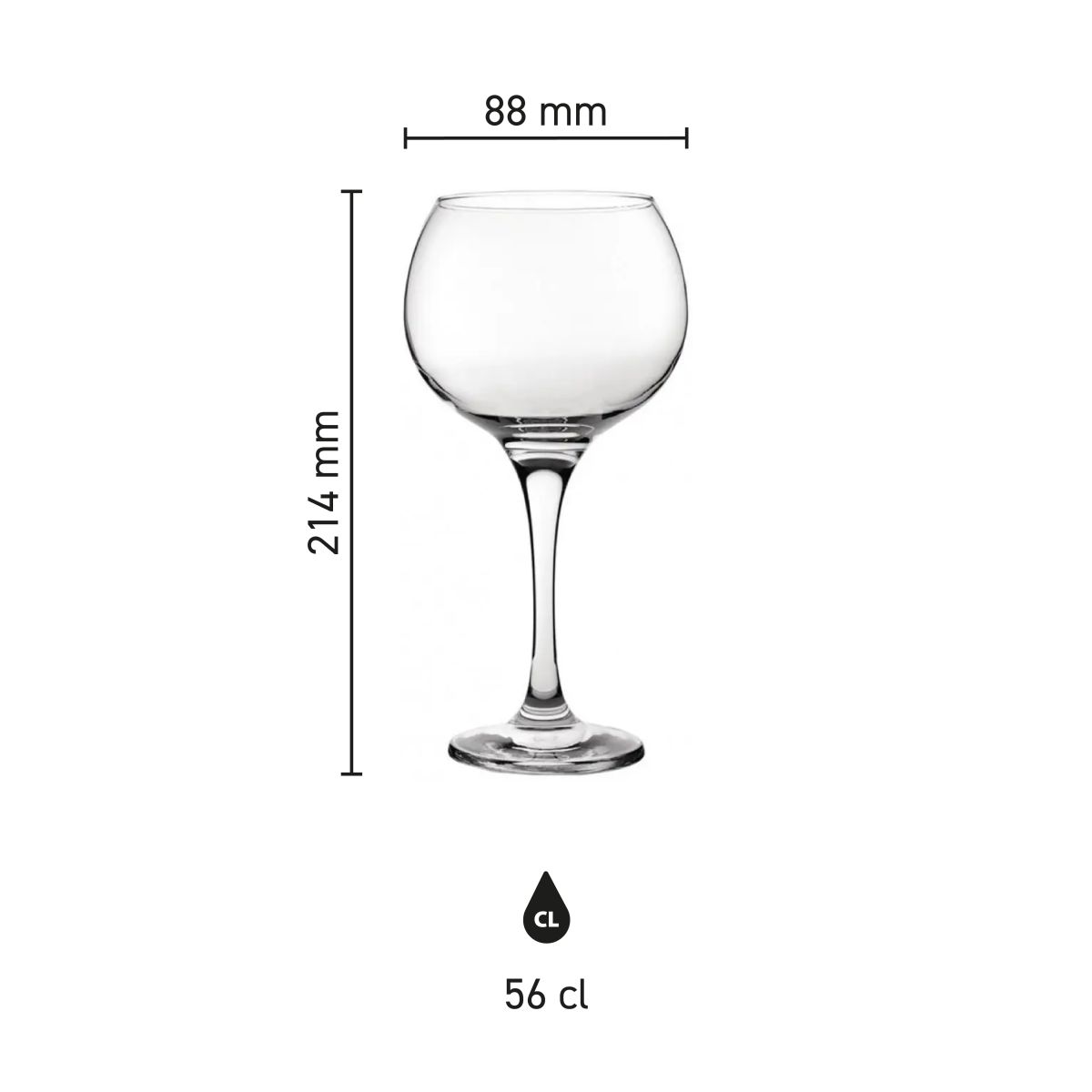 Infographic showing dimensions of Gin Tonic glass Ambassador 56 cl. including height, diameter and capacity.