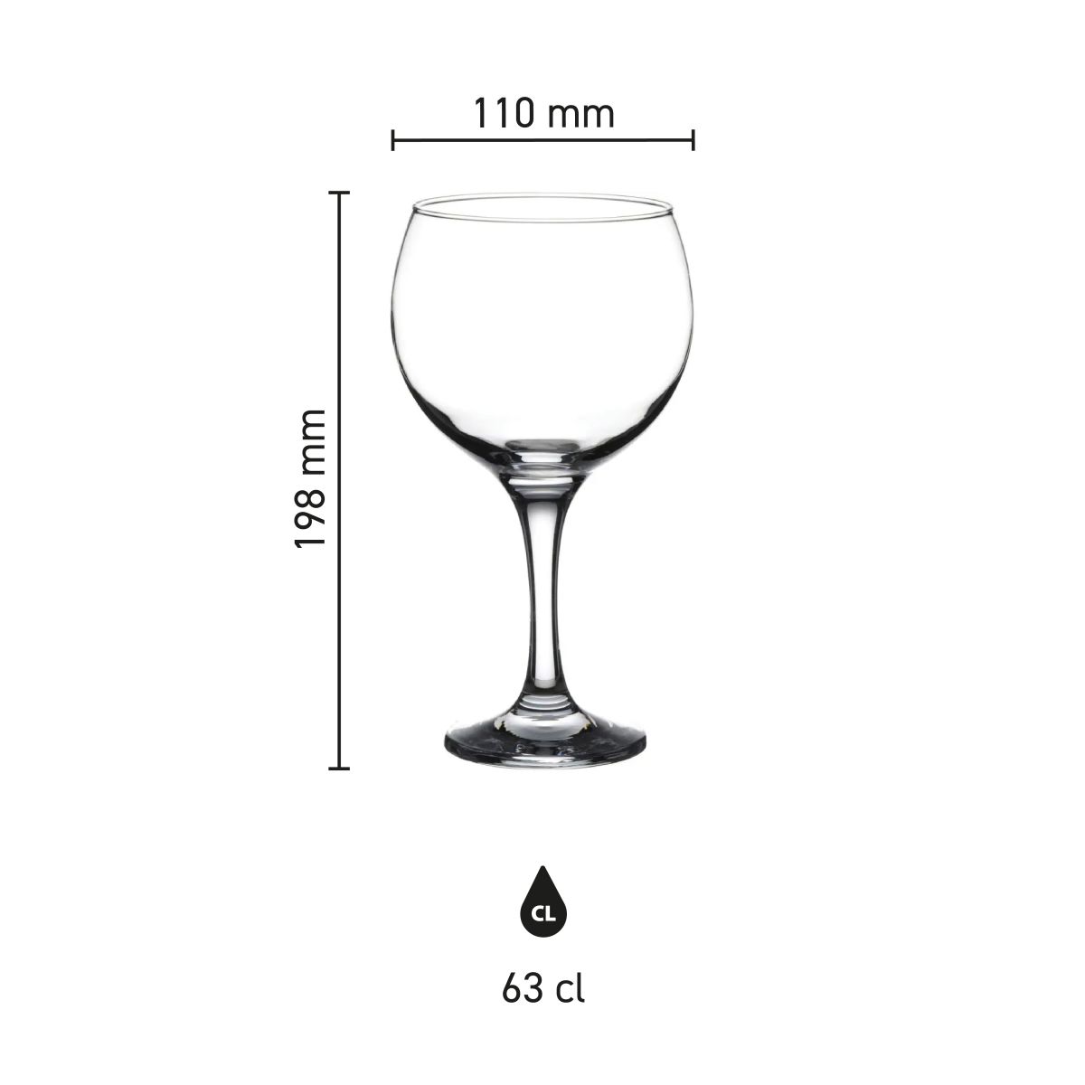 Infographic met productafmetingen van Gin Tonic Glas Bistro Cubata 63 cl. glas.
