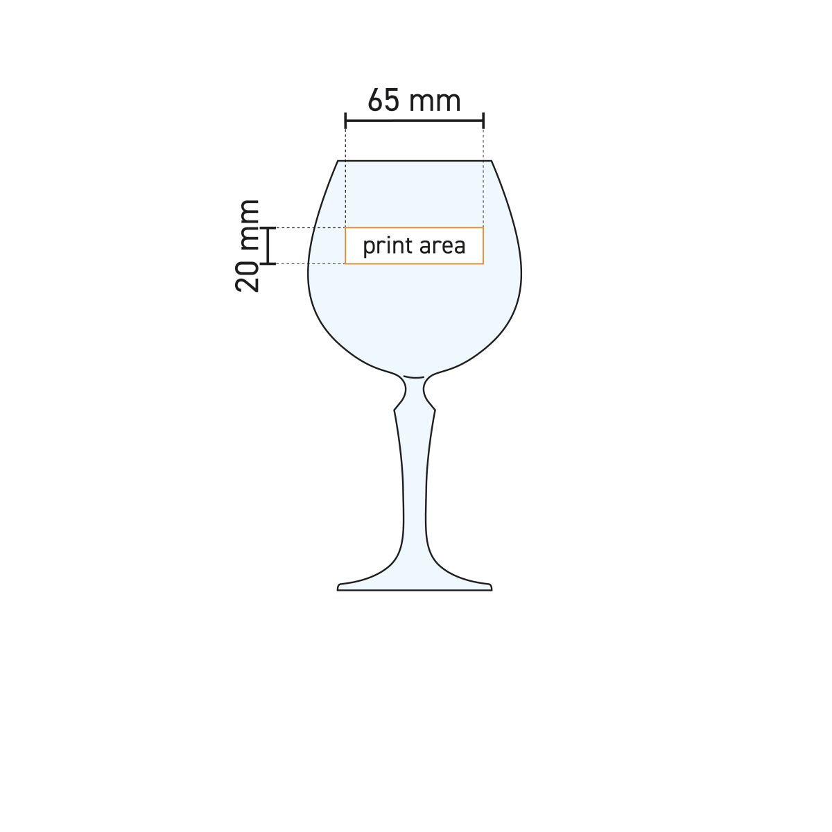 Technische werktekening van het gin tonicglas Spksy 58 cl met drukgebied-aanduiding