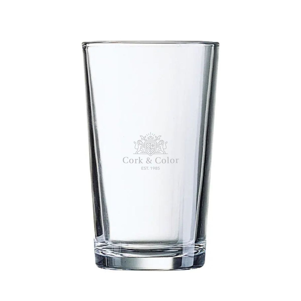 Engraving of CorkColor logo on the front of Glass Conique 28 cl. visible in clear glass.