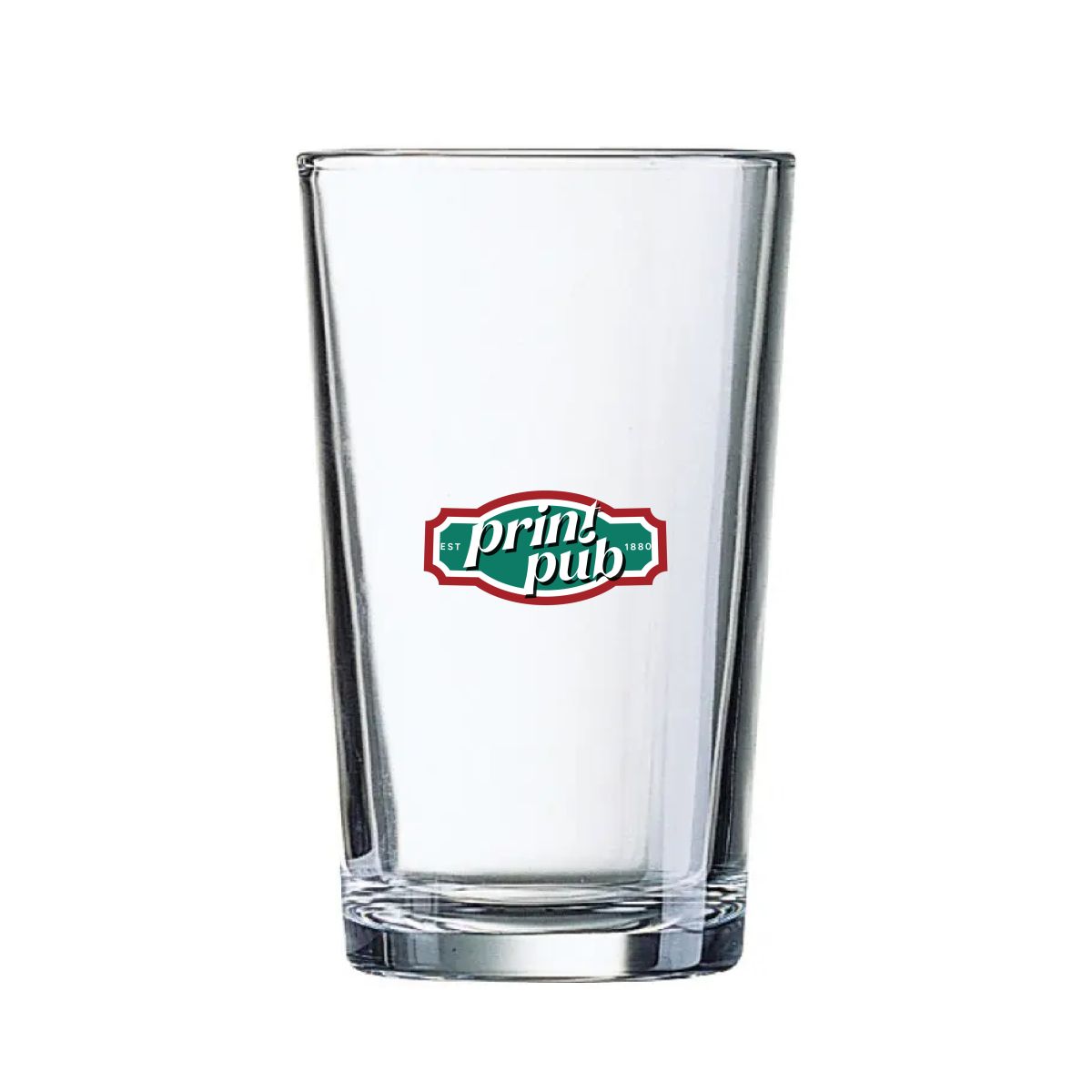 Glass Conique 28 cl. printed with multicoloured PrintPub logo on the front surface of the glass.