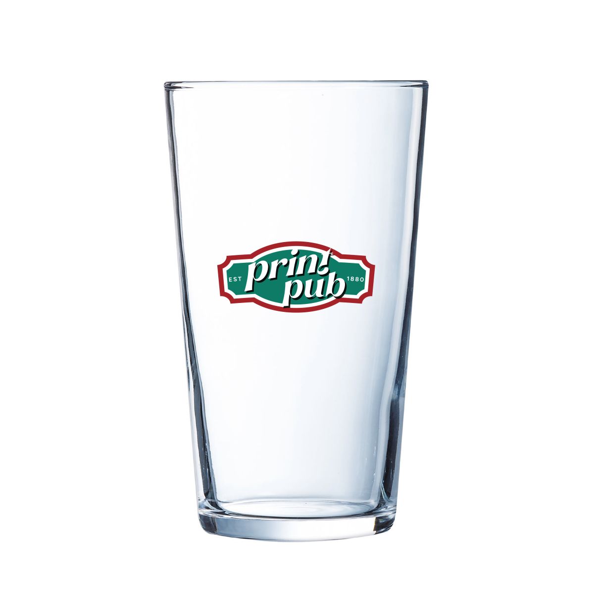 Glass Conique 47 cl. with coloured logo on the front, printed with PrintPub logo in multiple colours.