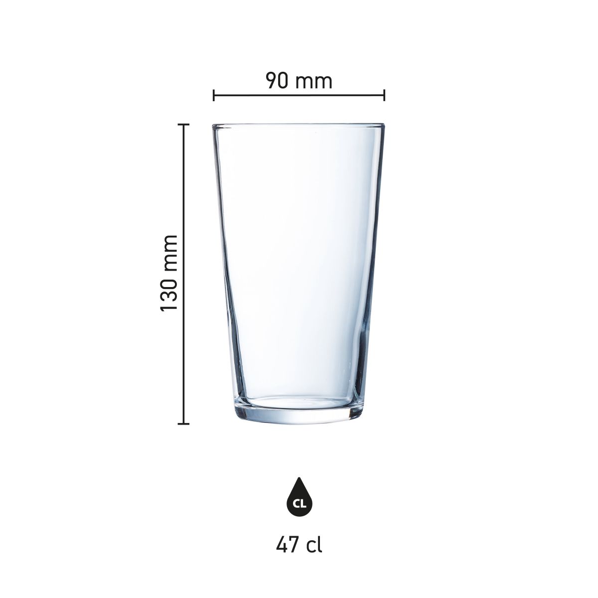 Infographic showing dimensions of Glass Conique 47 cl, including height and diameter in centimetres.