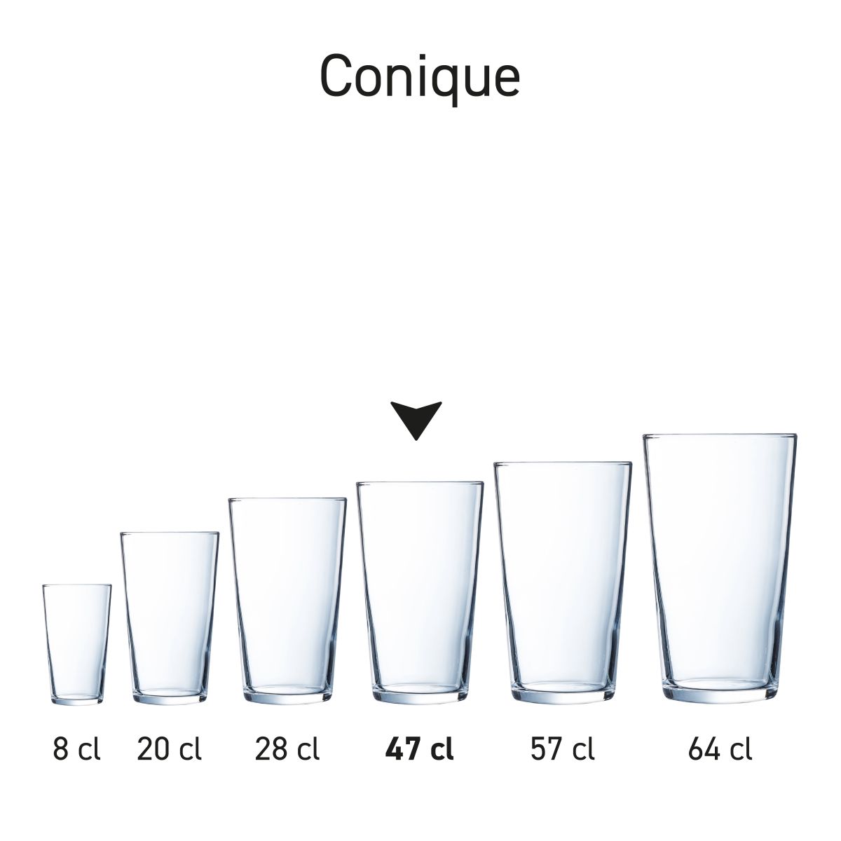Three identical Conique glasses in series arrangement, show variation in content but with equal execution.