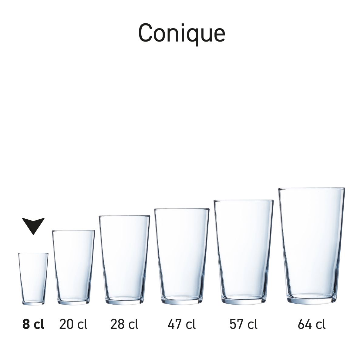Arrangement of several glasses from the Conique series on plain background.