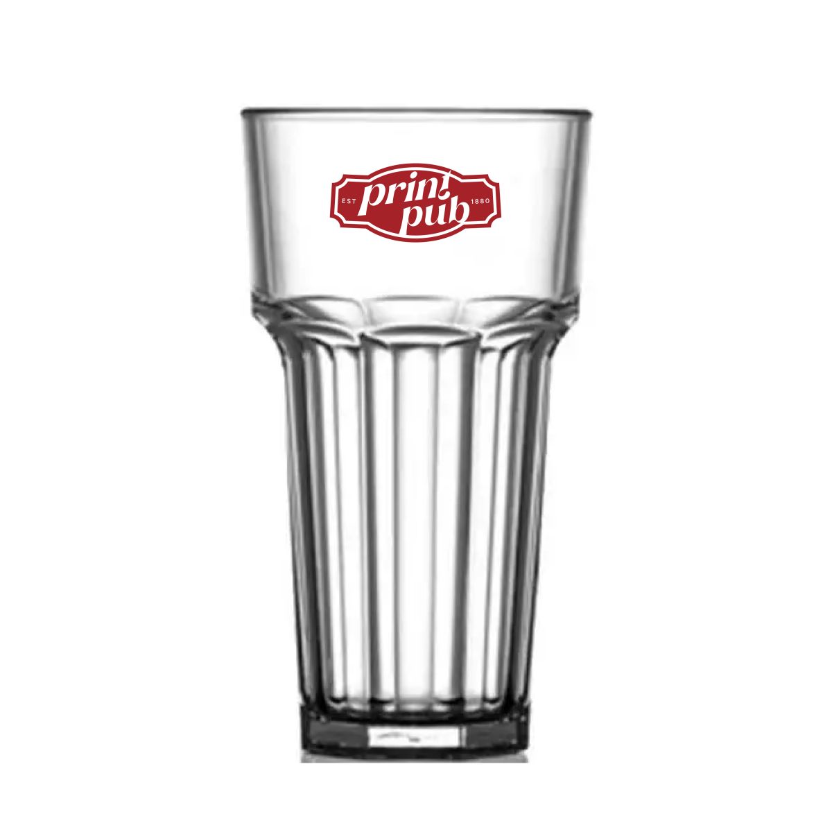 Plastic Glass Remedy High 40 cl in front view, with single-coloured PrintPub logo centred on the glass surface.