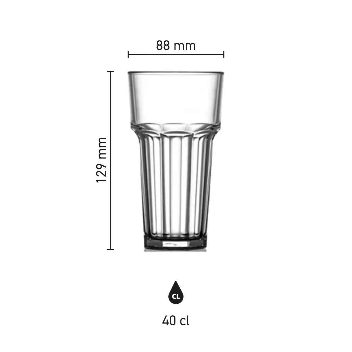Infographic showing dimensions of Glass Remedy High 40 cl; plastic drinking glass with height and diameter in millimetres.