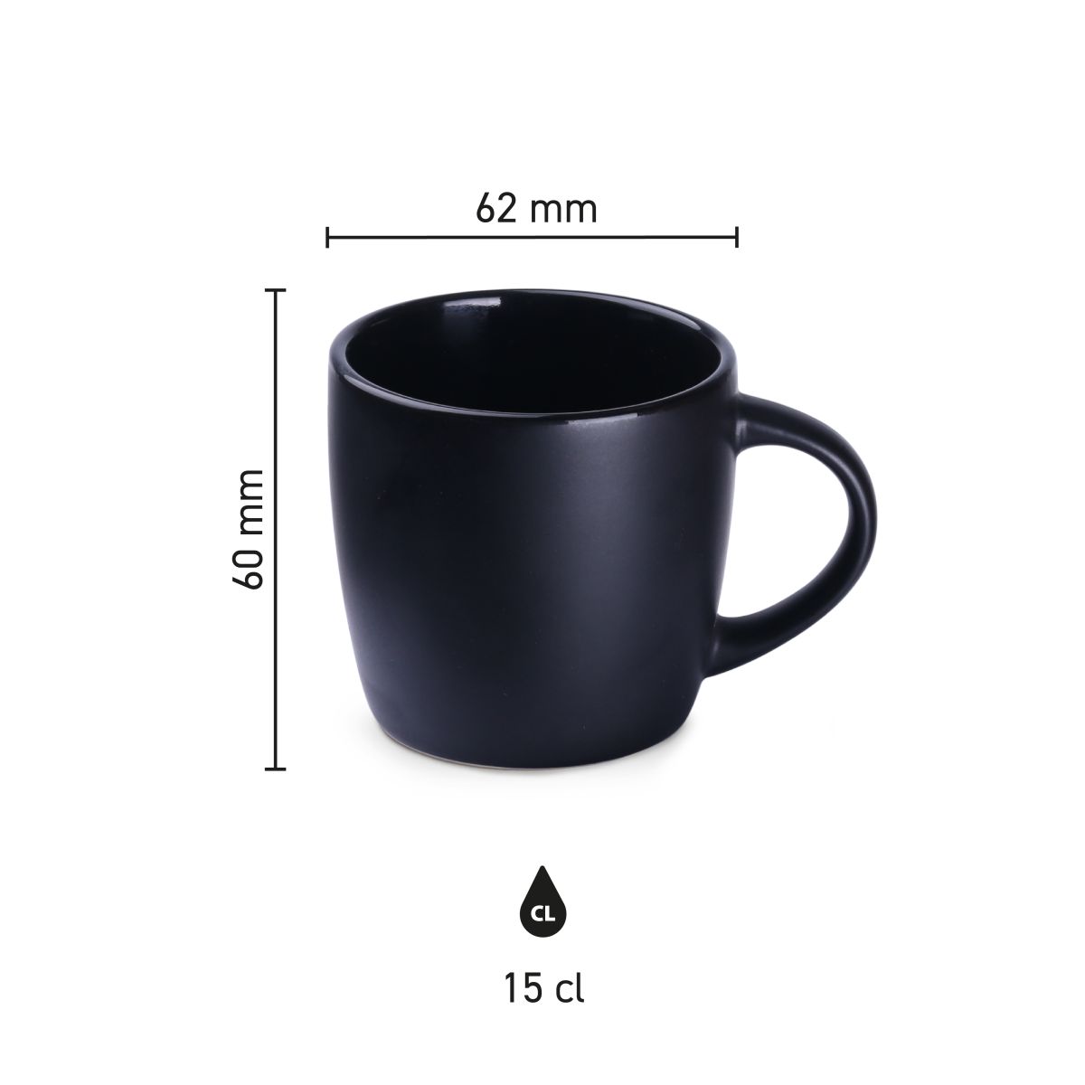 Infographic toont afmetingen van Handy Espresso Kop 10 cl. keramiek inclusief hoogte en diameter.