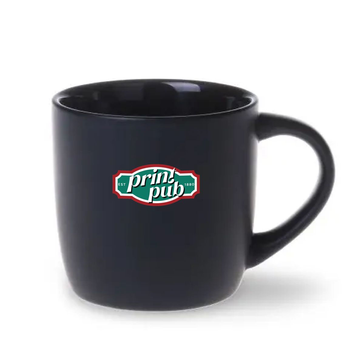 Porseleinen Handy mok Zwart 30 cl, vooraanzicht met meerkleurig PrintPub logo.