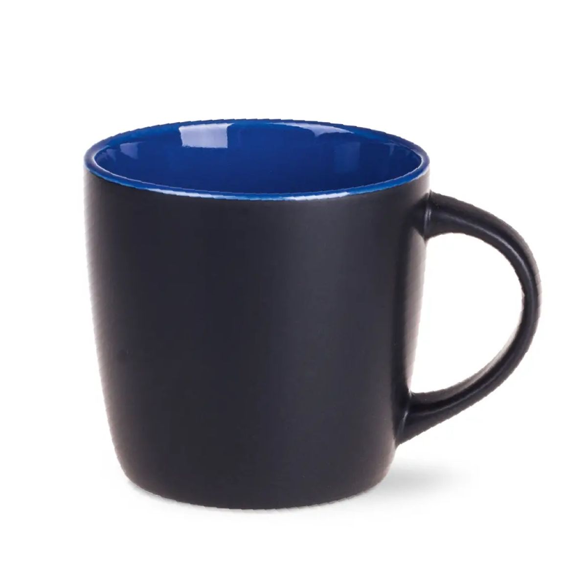 Zwarte Handy mok 30 cl. porselein met blauwe binnekant in vooraanzicht met strak design en glanzend oppervlak.