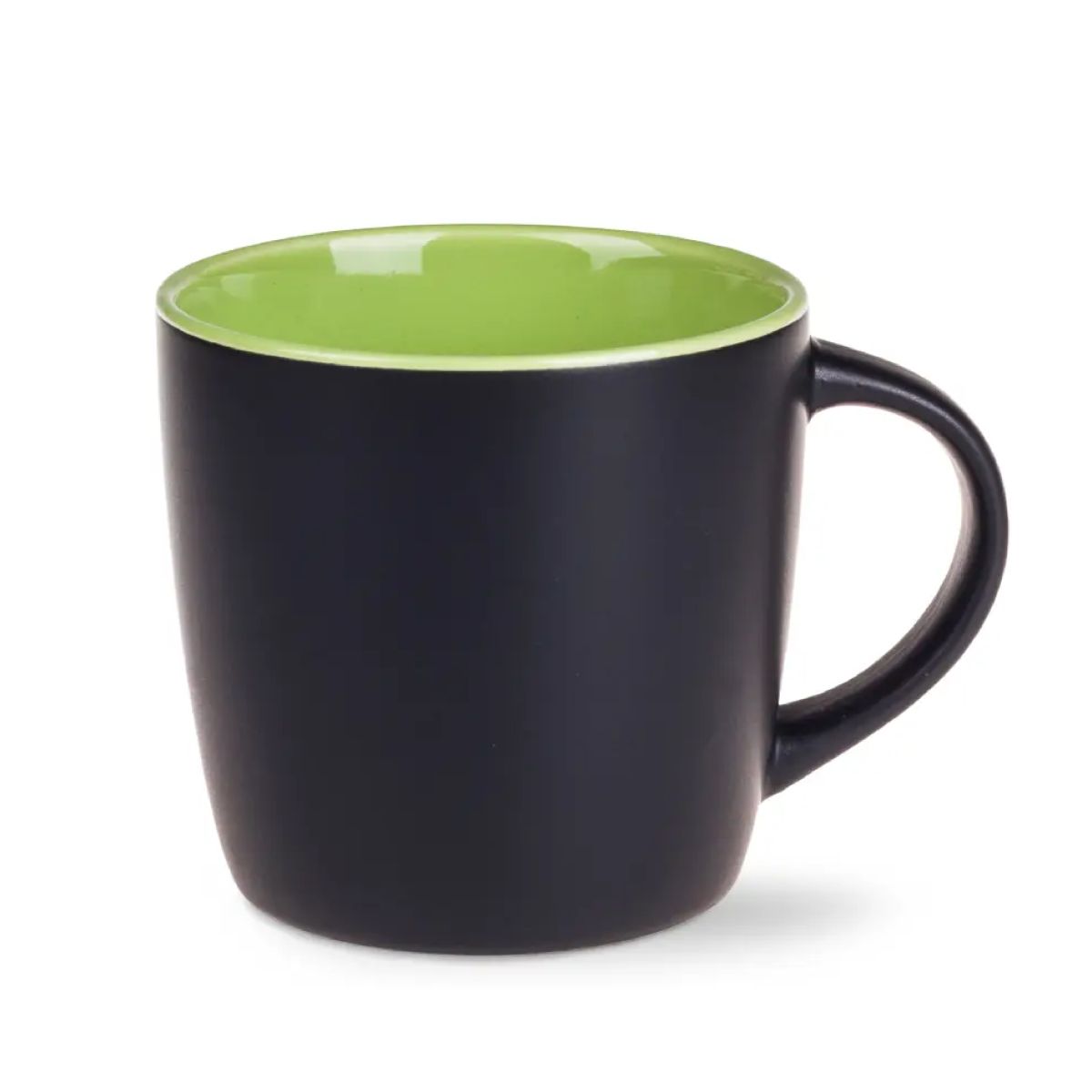 Zwarte Handy mok 30 cl. porselein met groene binnekant in vooraanzicht met strak design en glanzend oppervlak.
