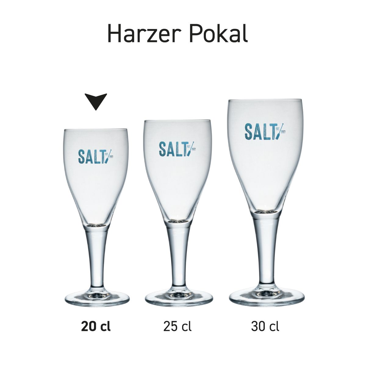 Harzer Pokal 20 cl tapmaat glas in serie, meerdere exemplaren naast elkaar getoond