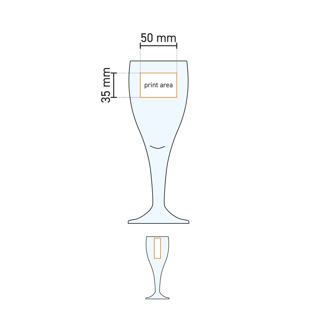 Technische werktekening van het Harzer Pokal 25 cl tapmaat glas met drukgebied-aanduiding