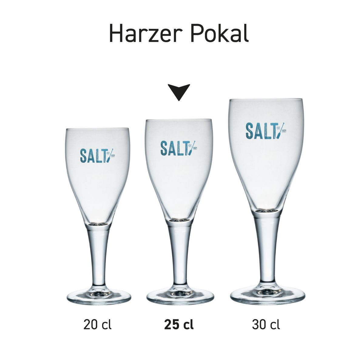 Harzer Pokal 25 cl tapmaat glas in serie, meerdere exemplaren naast elkaar getoond