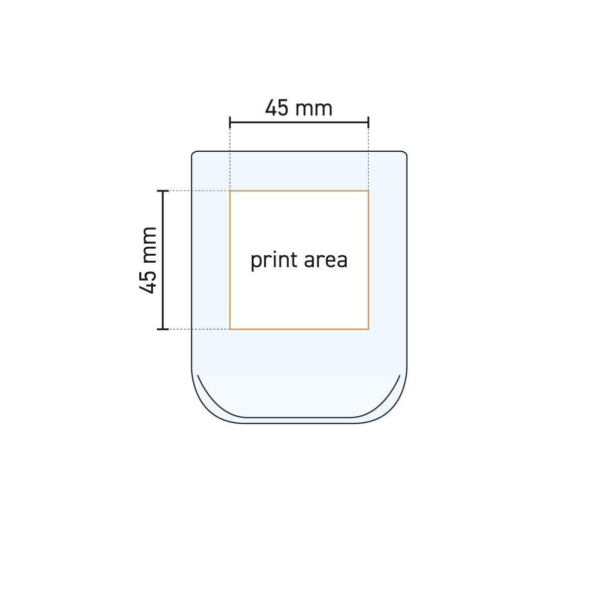 Technical working drawing of the Iconic Tumbler 27 cl. glass with print area indication.