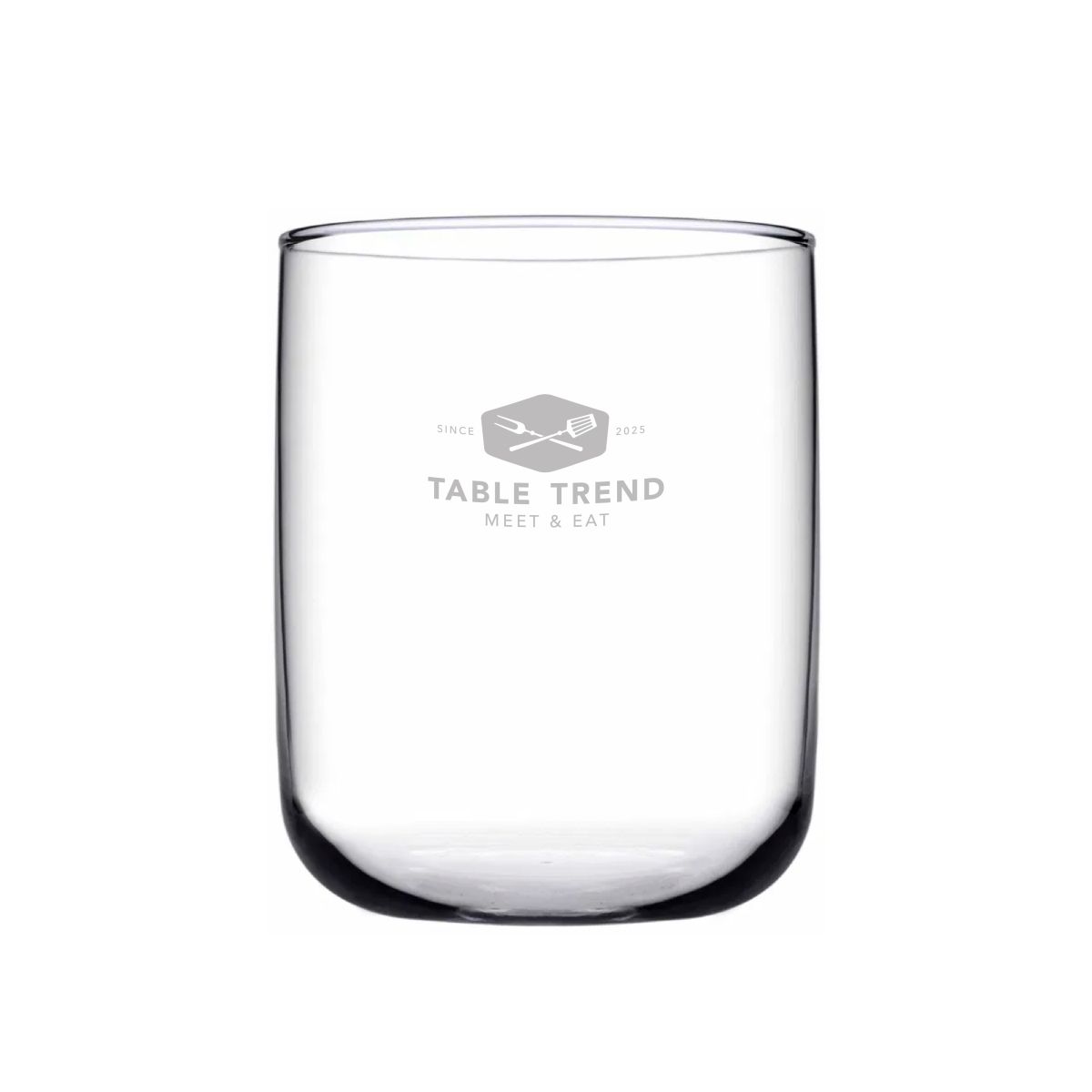 Iconic Tumbler 27 cl. glass with TableTrend logo printed in one colour on the front view.