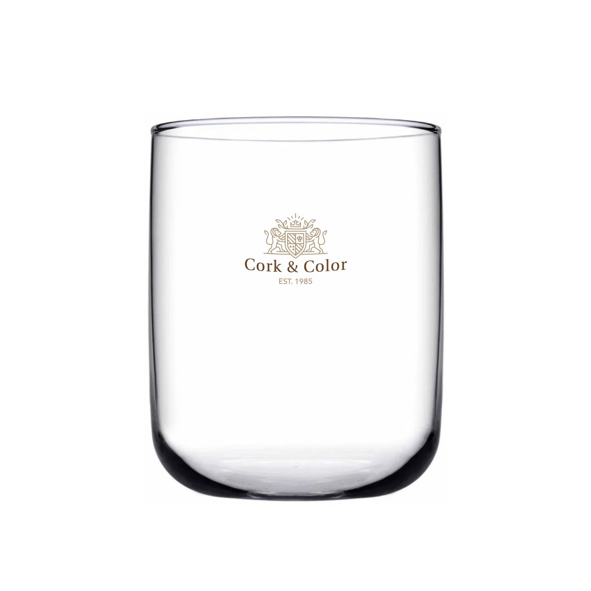 Front of the Iconic Tumbler 27 cl. glass with multicoloured CorkColor logo subtly printed.