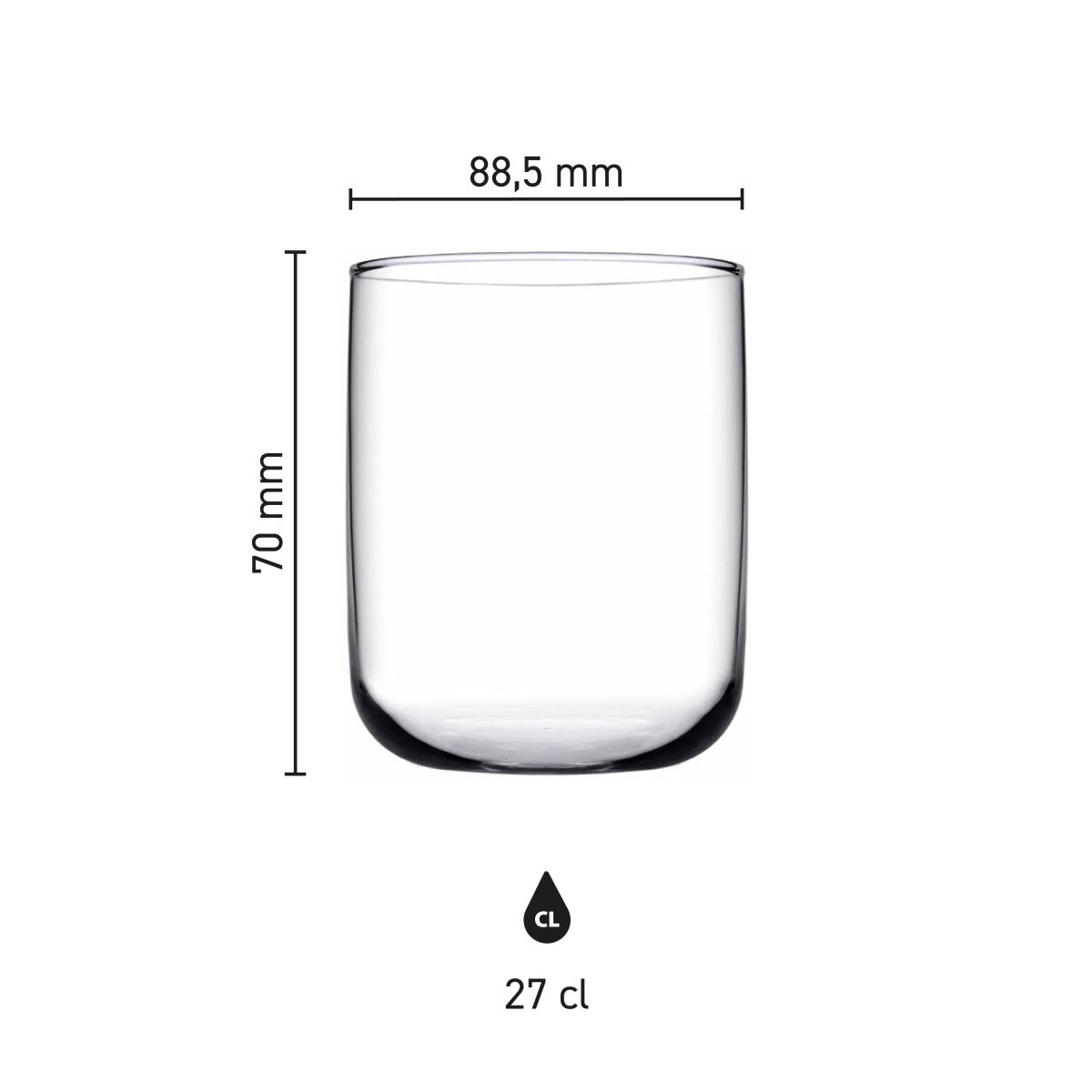 Infographic of Iconic Tumbler 27 cl. glass with dimension lines and dimensions clearly displayed.