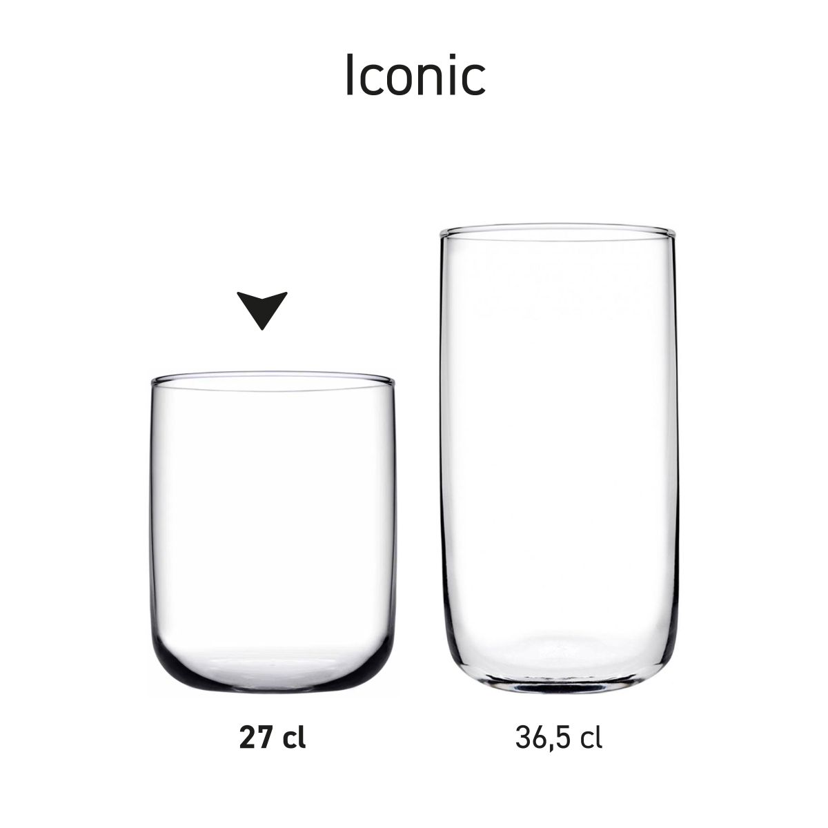 Series Iconic Tumbler glasses of 27 cl. with identical shape, suitable for stackable presentation.